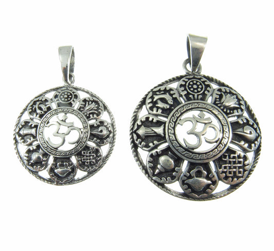 Solid 925 Sterling Silver OM/AUM/OHM Pendant With 8 Auspicious Symbols of Buddhism, Ashtamangala Amulet, Small or Large Size