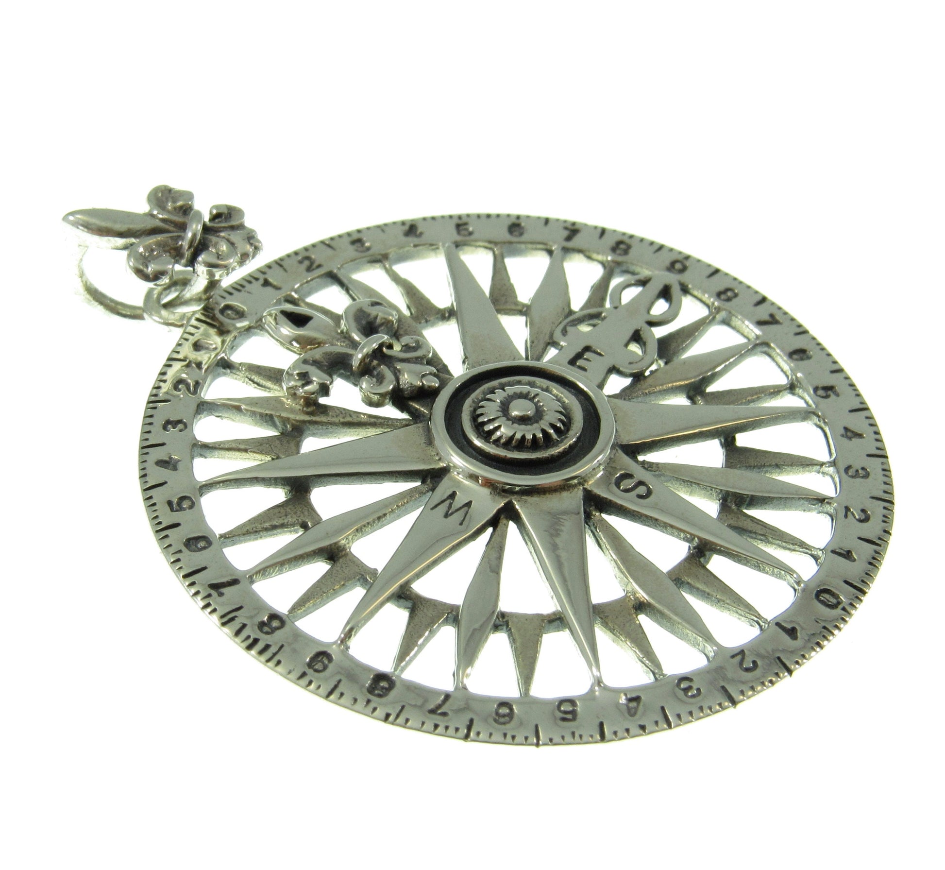 Solid 925 Sterling Silver Rose Compass Pendant, Celtic Tradition Talisman, Fleur De Lis Amulet, Nautical Marine Ocean Jewelry