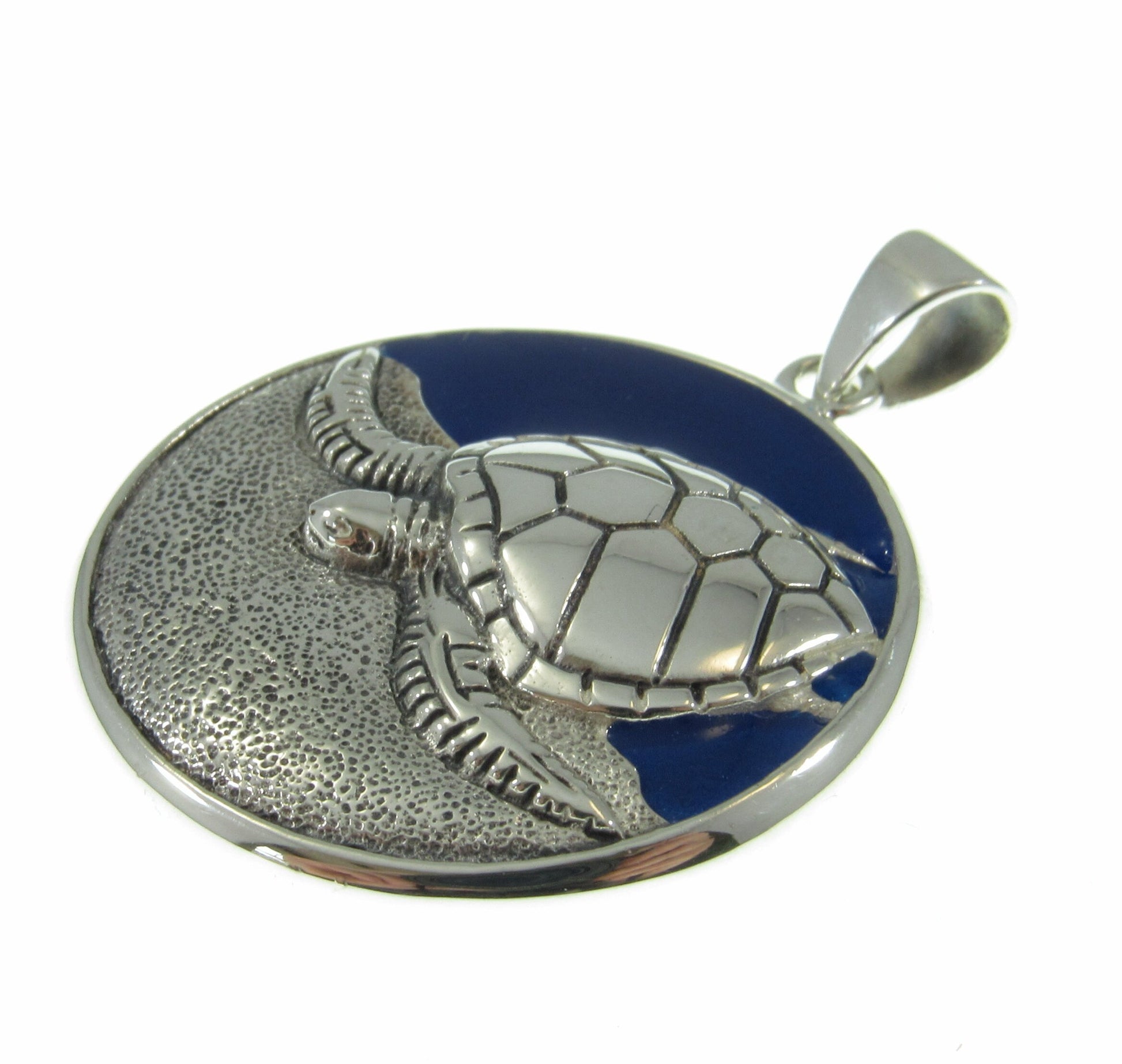 Solid 925 Sterling Silver Navy Blue Enamel Turtle Pendant, Spirit Animal Jewelry by Artist Ted Andrews, Handcrafted Protection Symbol