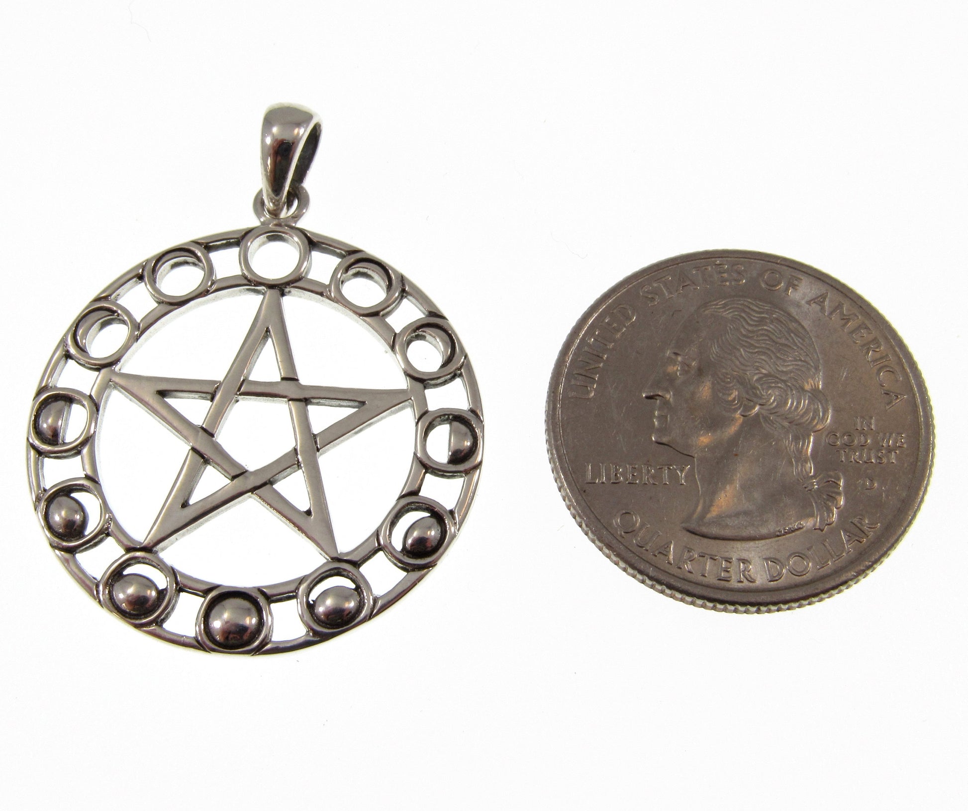 Solid 925 Sterling Silver Phases of the Moon Pentacle Pentagram Pendant by Maxine Miller, Powerful Pagan Wiccan Amulet