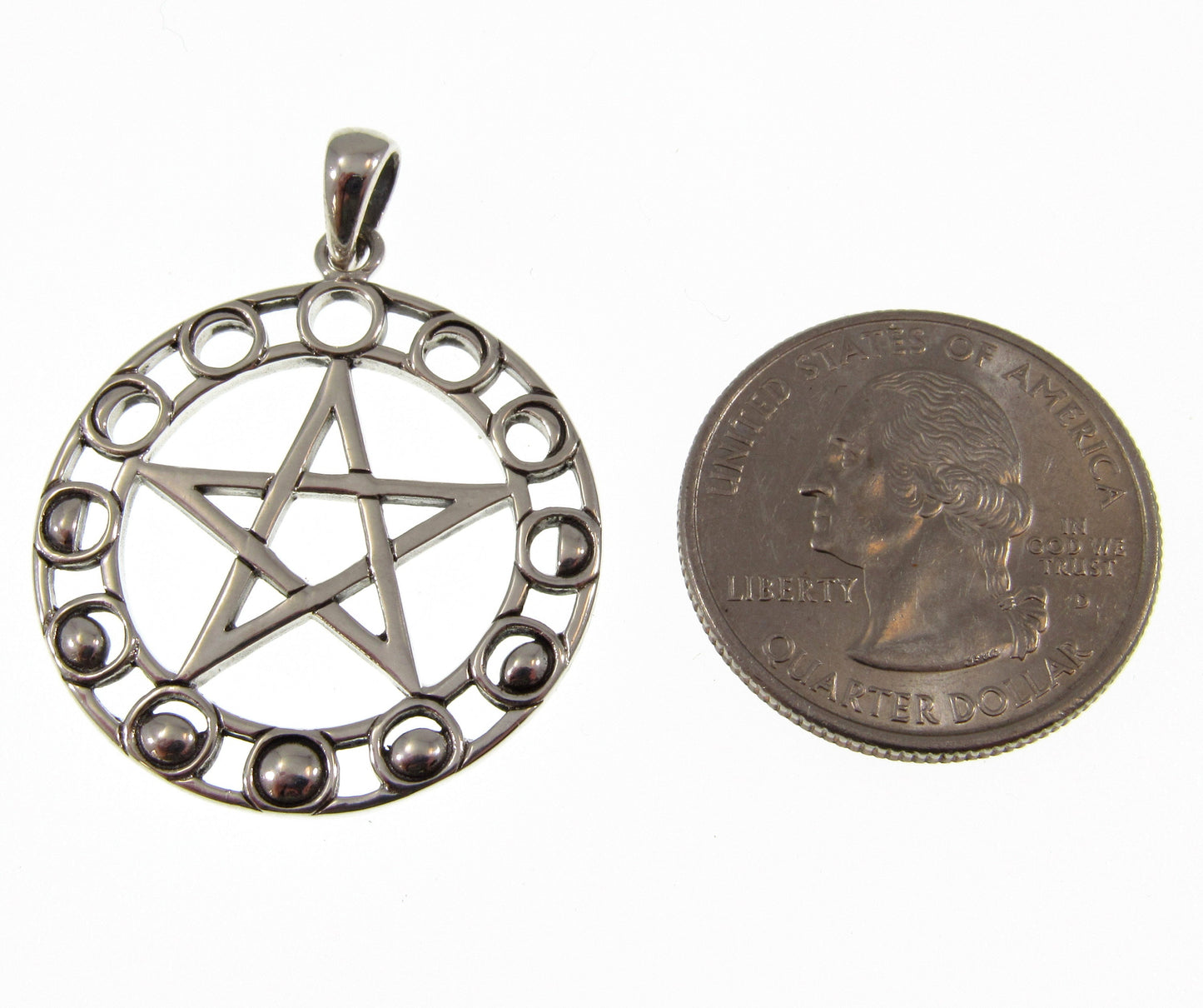 Solid 925 Sterling Silver Phases of the Moon Pentacle Pentagram Pendant by Maxine Miller, Powerful Pagan Wiccan Amulet