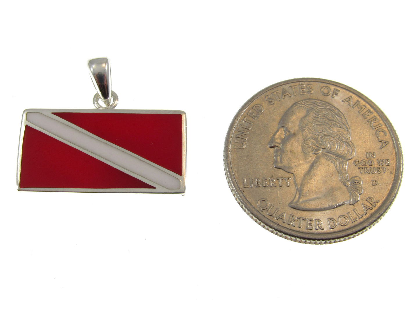 The rectangular diver down scuba diver flag pendant is a bit smaller than the size of a US quarter.