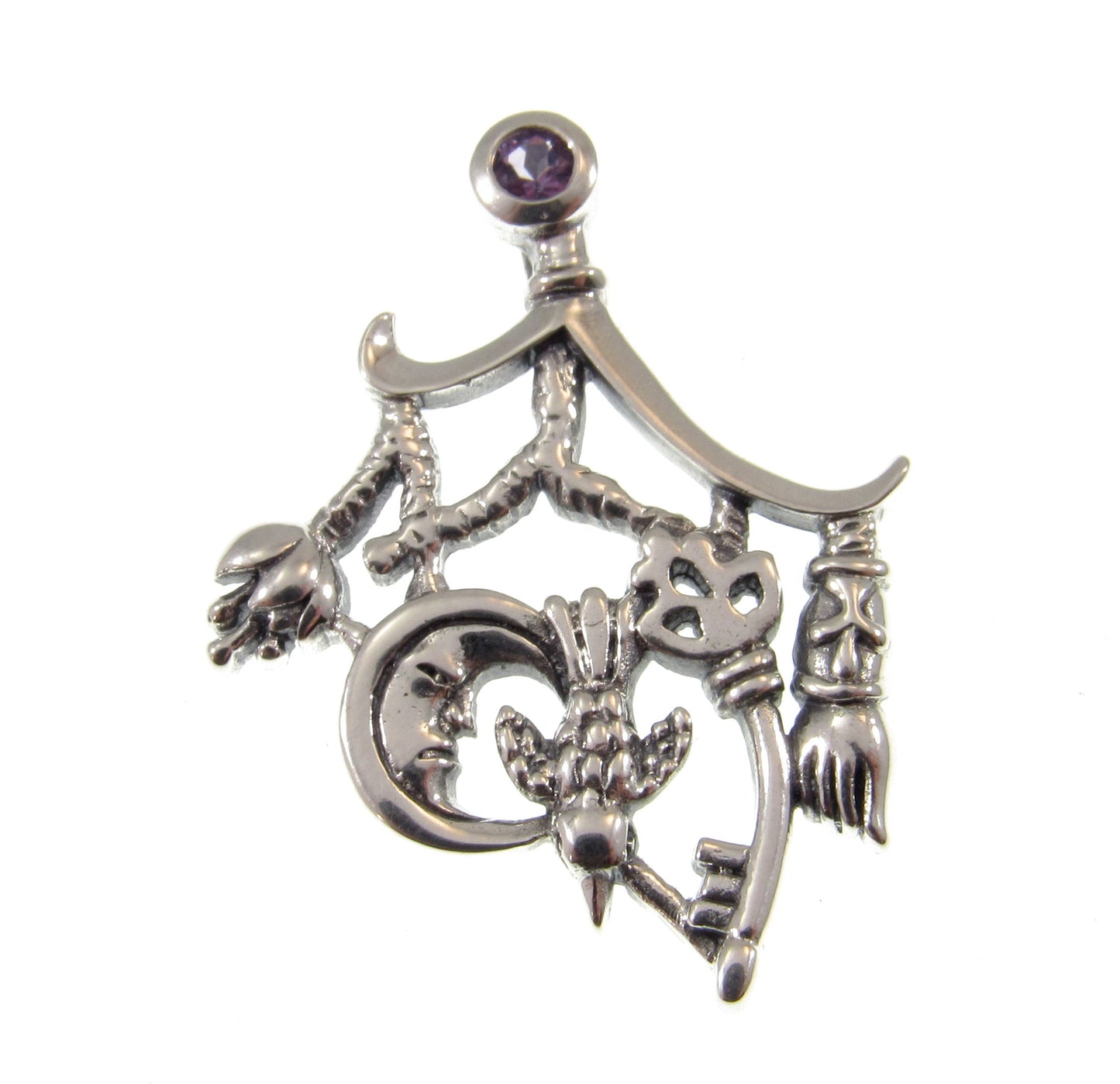 Solid 925 Sterling Silver Which is Witch Cimaruta Italian Charm Pendant With Faceted Amethyst, Neopagan Magick Amulet