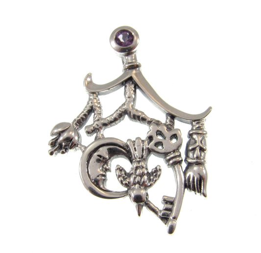 Solid 925 Sterling Silver Which is Witch Cimaruta Italian Charm Pendant With Faceted Amethyst, Neopagan Magick Amulet