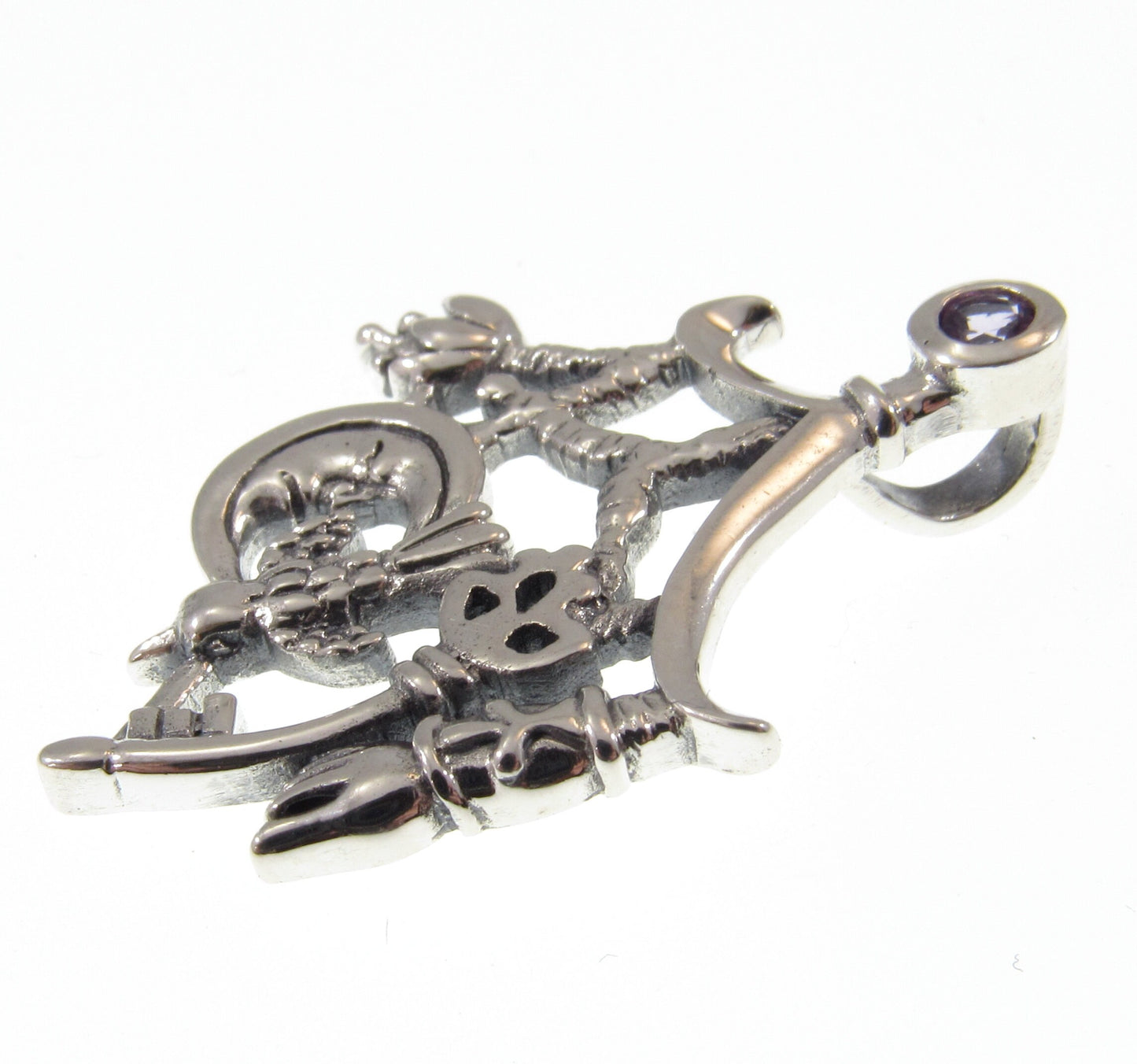 Solid 925 Sterling Silver Which is Witch Cimaruta Italian Charm Pendant With Faceted Amethyst, Neopagan Magick Amulet