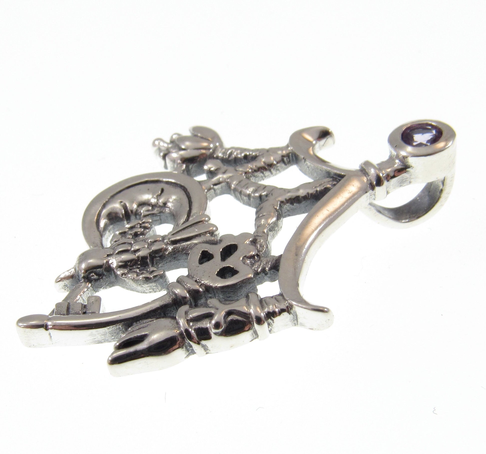 Solid 925 Sterling Silver Which is Witch Cimaruta Italian Charm Pendant With Faceted Amethyst, Neopagan Magick Amulet