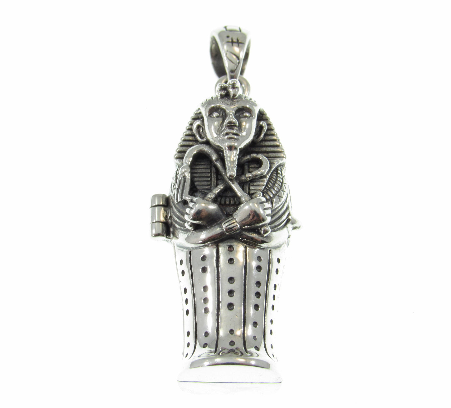 Solid 925 Sterling Silver Egyptian Hinged Sarcophagus with Hidden Mummy Pendant, Ancient Pharaoh Revealed
