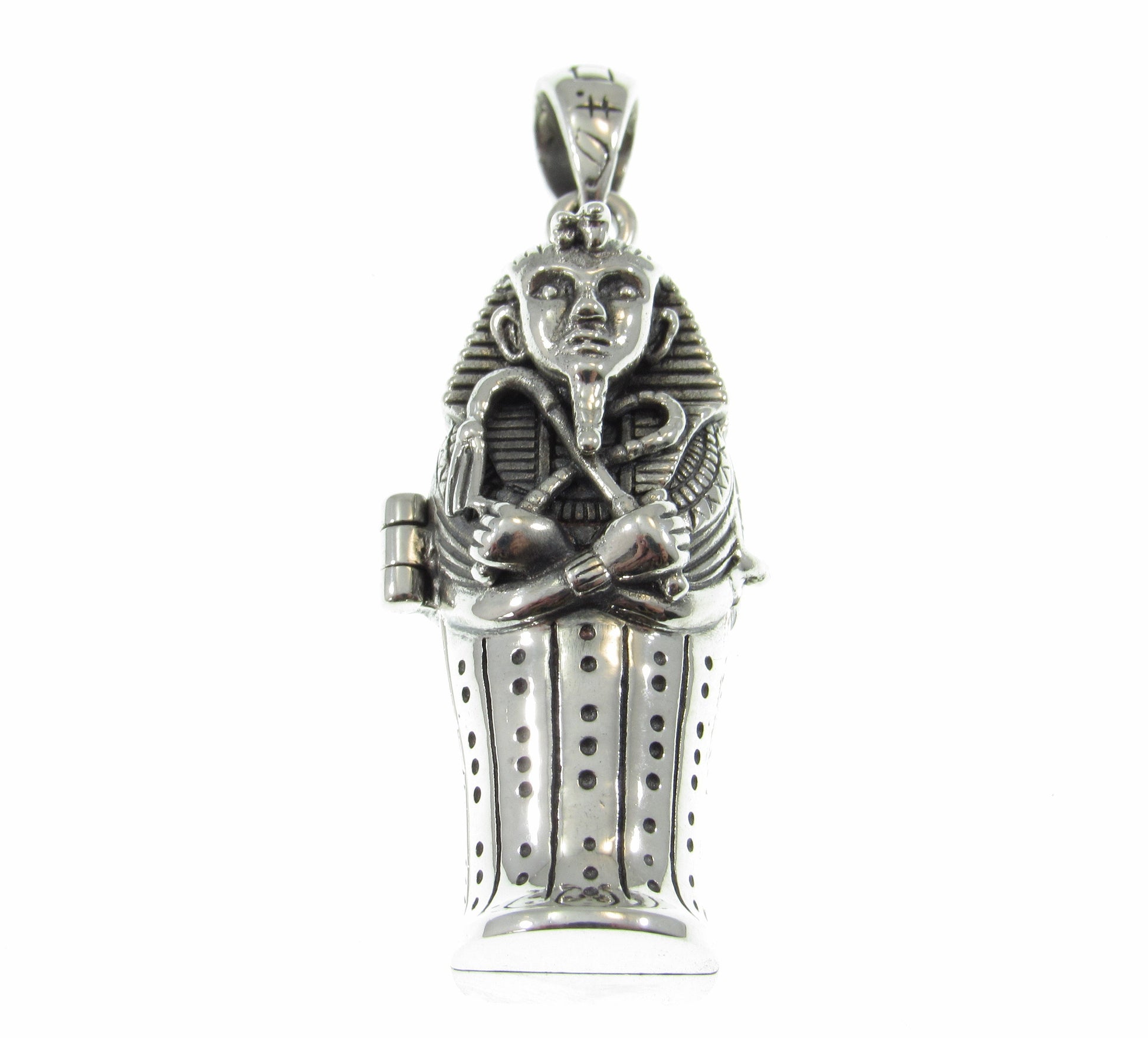 Solid 925 Sterling Silver Egyptian Hinged Sarcophagus with Hidden Mummy Pendant, Ancient Pharaoh Revealed
