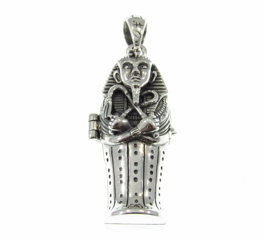 Solid 925 Sterling Silver Egyptian Hinged Sarcophagus with Hidden Mummy Pendant, Ancient Pharaoh Revealed