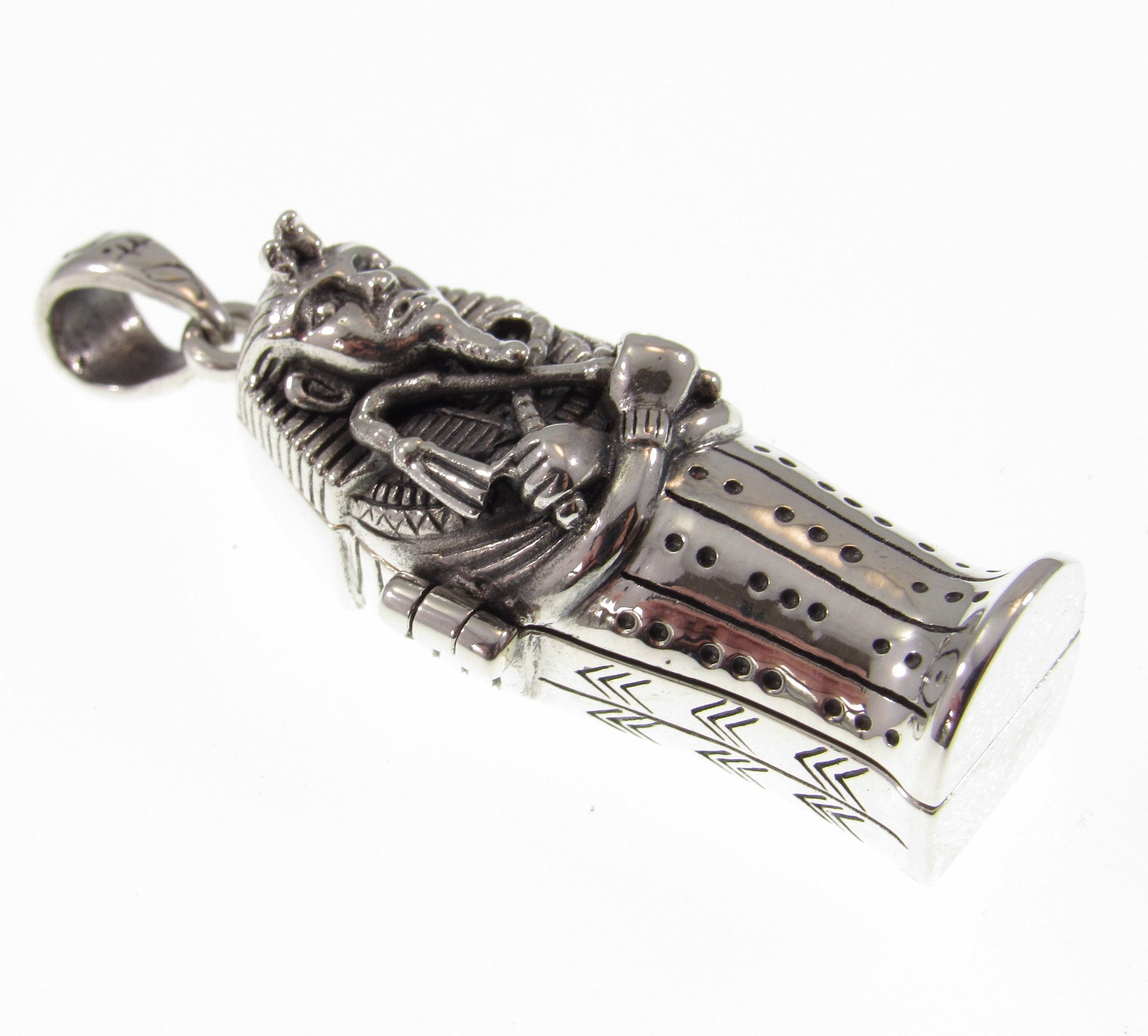 Solid 925 Sterling Silver Egyptian Hinged Sarcophagus with Hidden Mummy Pendant, Ancient Pharaoh Revealed