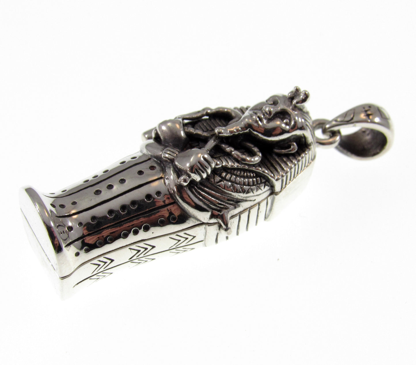 Solid 925 Sterling Silver Egyptian Hinged Sarcophagus with Hidden Mummy Pendant, Ancient Pharaoh Revealed