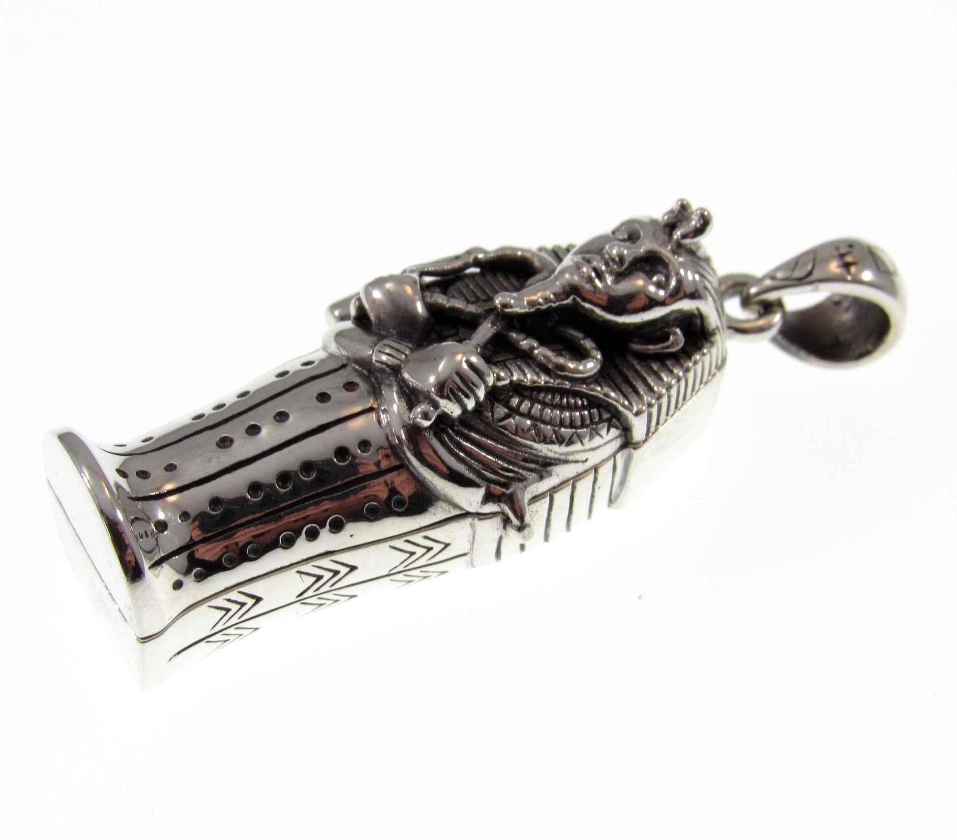 Solid 925 Sterling Silver Egyptian Hinged Sarcophagus with Hidden Mummy Pendant, Ancient Pharaoh Revealed