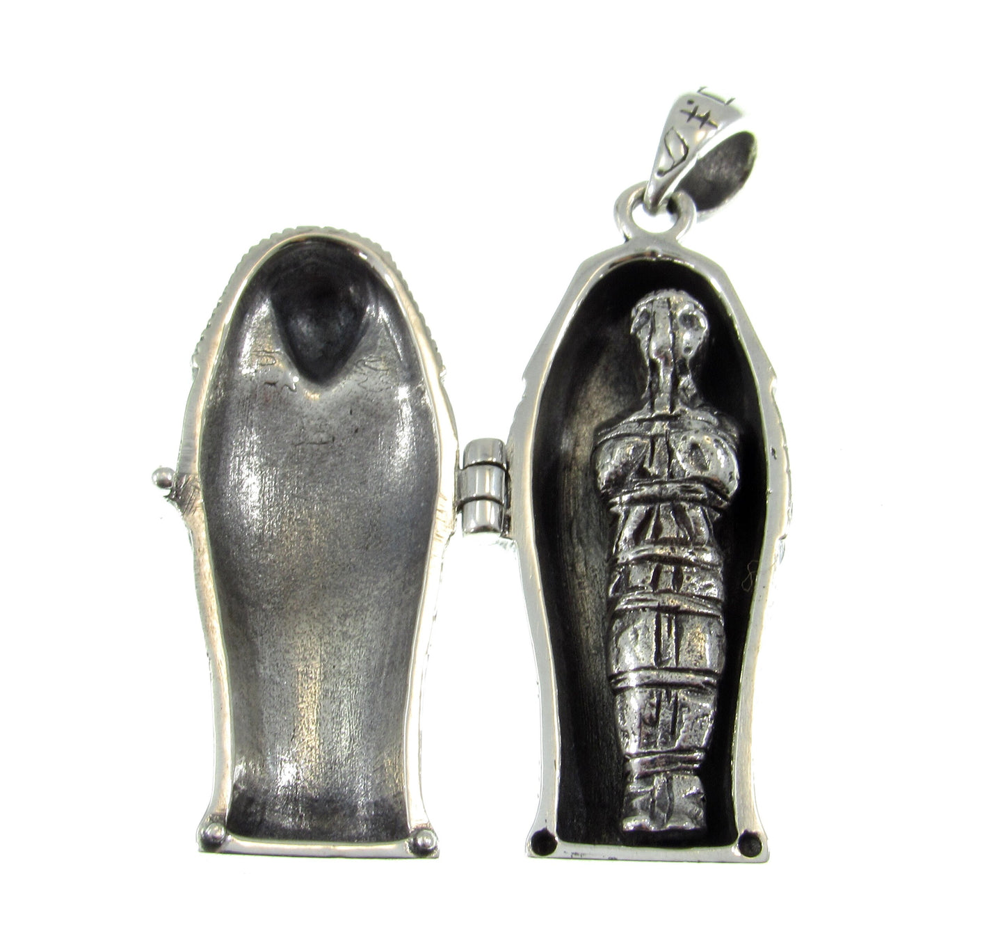 Solid 925 Sterling Silver Egyptian Hinged Sarcophagus with Hidden Mummy Pendant, Ancient Pharaoh Revealed