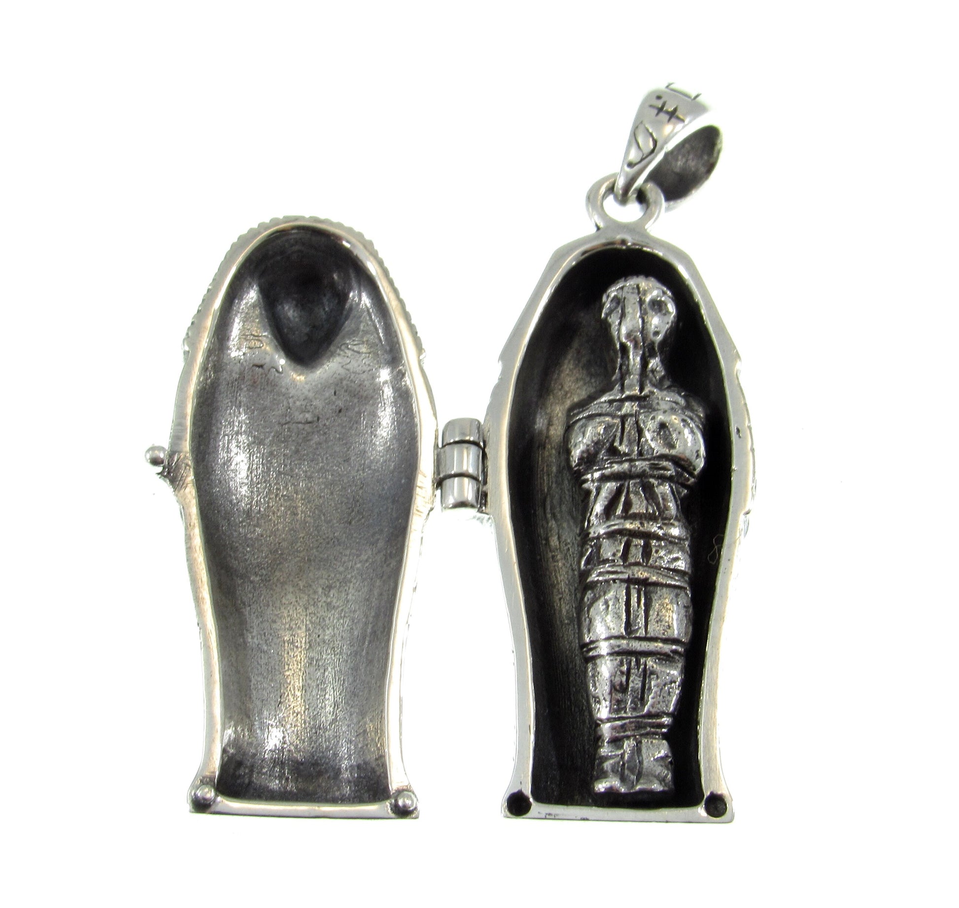 Solid 925 Sterling Silver Egyptian Hinged Sarcophagus with Hidden Mummy Pendant, Ancient Pharaoh Revealed