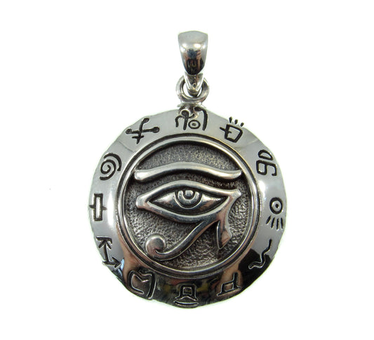 Solid 925 Sterling Silver Egyptian Eye of Horus Pendant with Signs of the Zodiac, Eye of Ra Amulet, Symbol of Healing & Protection