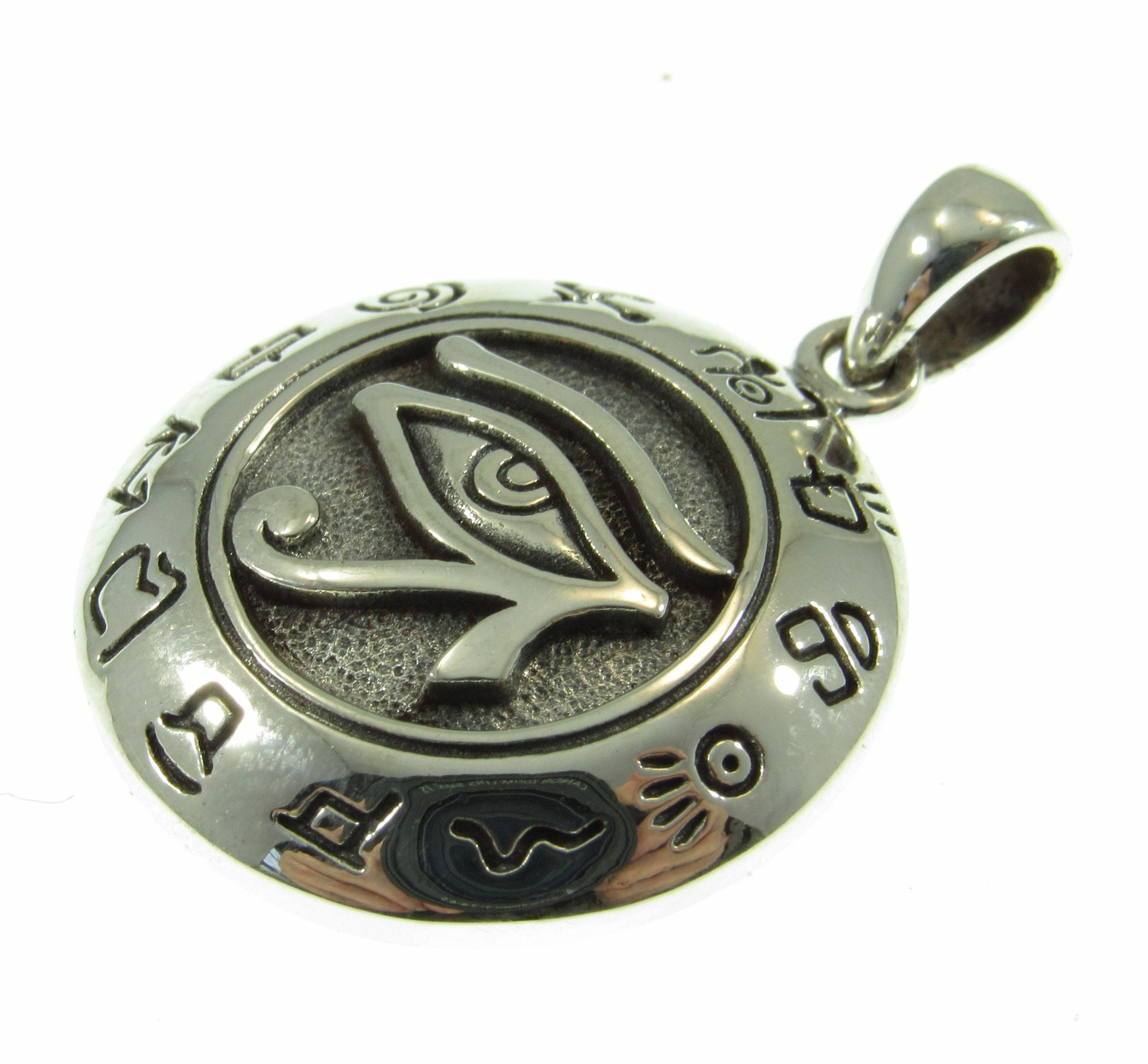 Solid 925 Sterling Silver Egyptian Eye of Horus Pendant with Signs of the Zodiac, Eye of Ra Amulet, Symbol of Healing & Protection