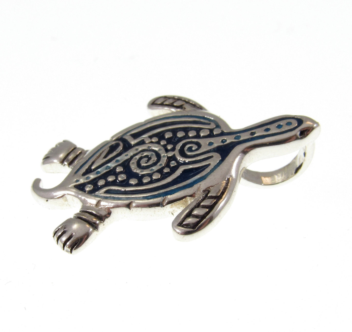 Solid 925 Sterling Silver Aboriginal Turtle Slide Pendant, Choose Blue Enamal Accents, Turtle Spirit Animal Protection