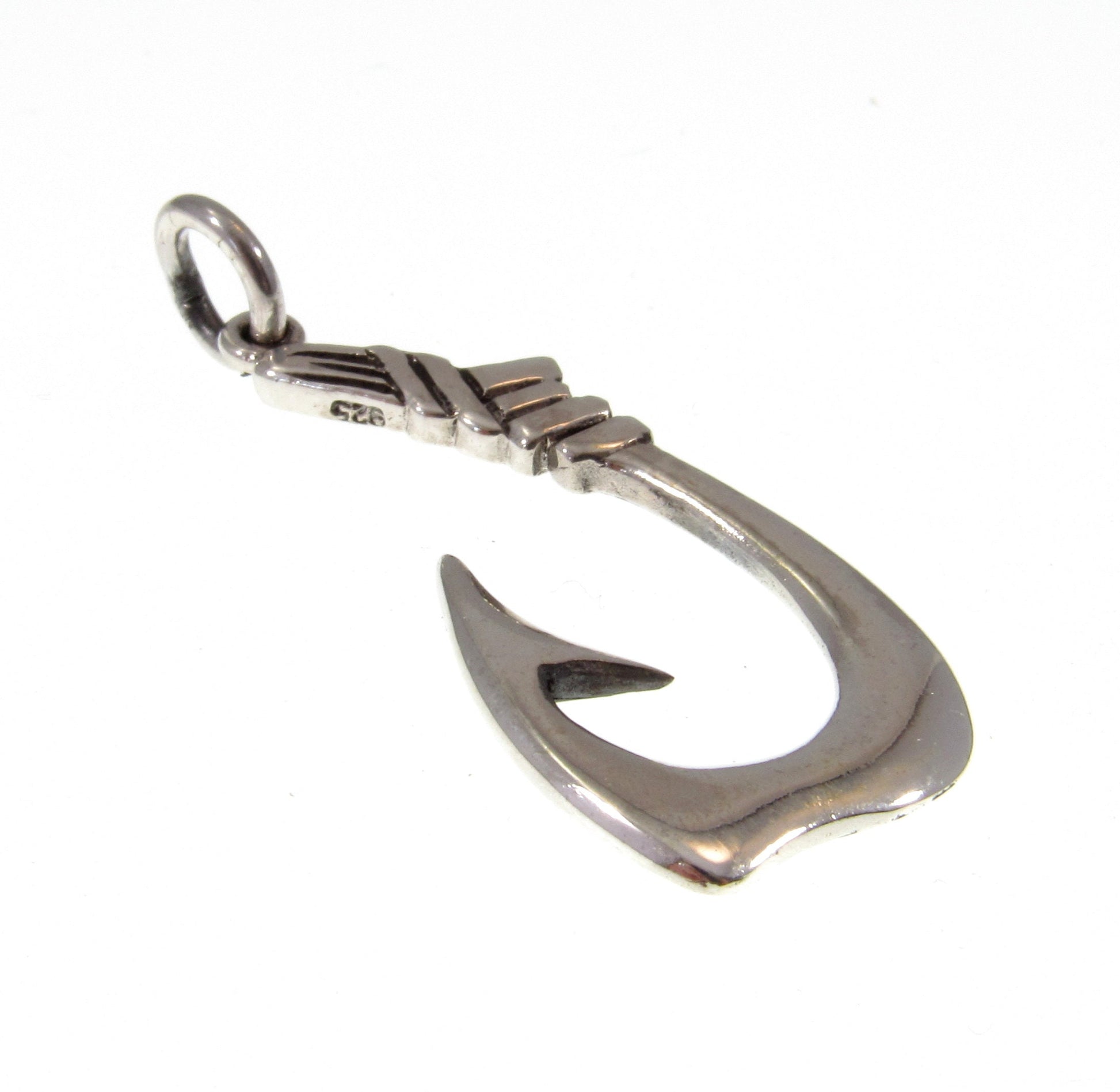 Solid 925 Sterling Silver Fish Hook Pendant – Hawaiian Makau Necklace Charm, Fisherman Jewelry, Polynesian Symbol of Strength & Good Luck
