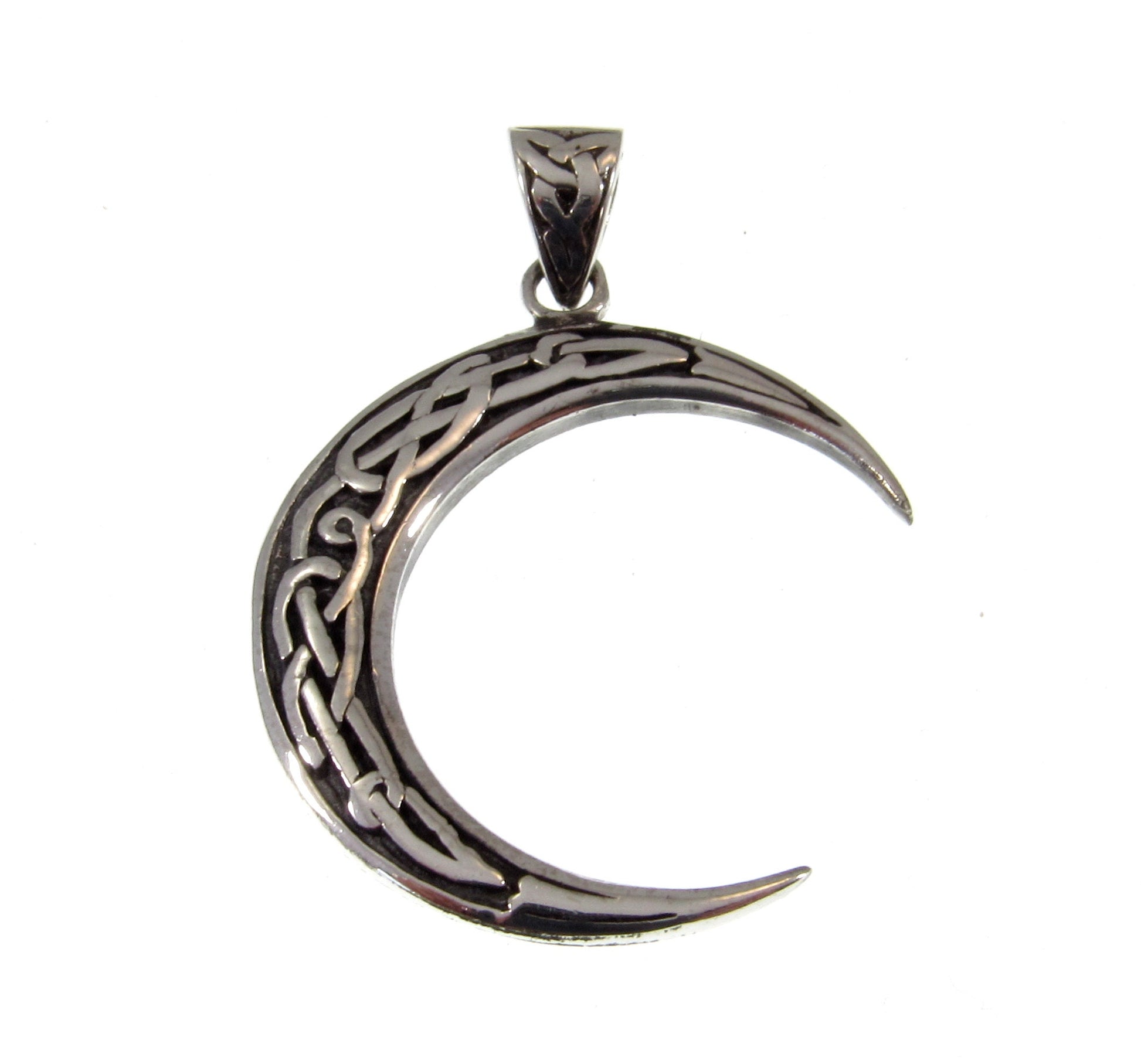 Solid 925 Sterling Silver Celtic Waning Crescent Half Moon Pendant, Handcrafted Wicca Crone Symbol Amulet