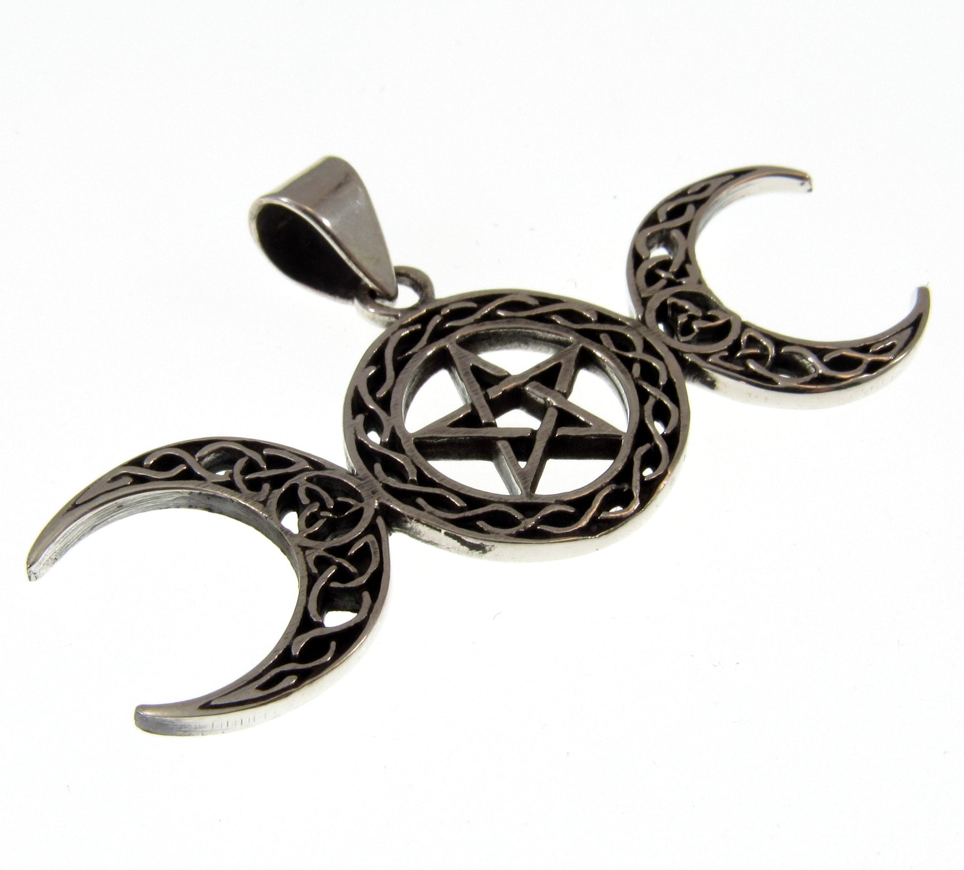 Solid 925 Sterling Silver Celtic Triple Moon Goddess Pentacle, Handcrafted Pentagram Pendant
