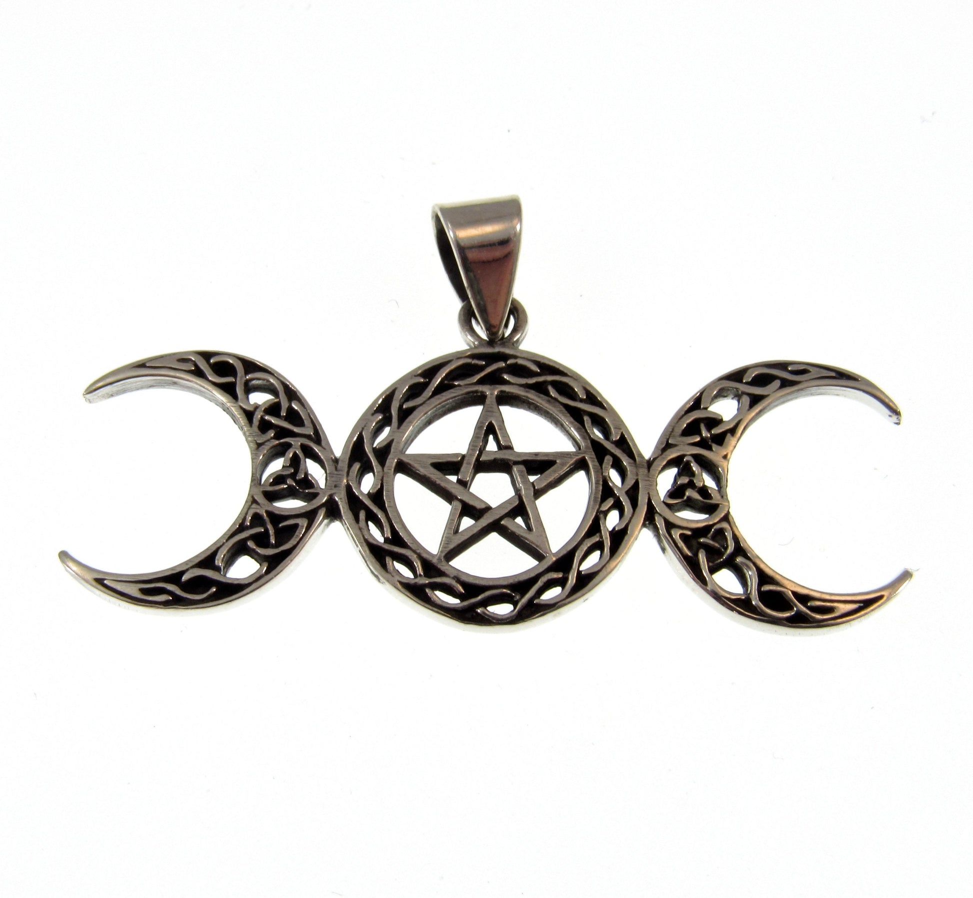 Solid 925 Sterling Silver Triple Moon Pentacle Pendant – Wiccan Pagan Goddess Symbol, Celtic Knot Moon Phases Jewelry for Men & Women