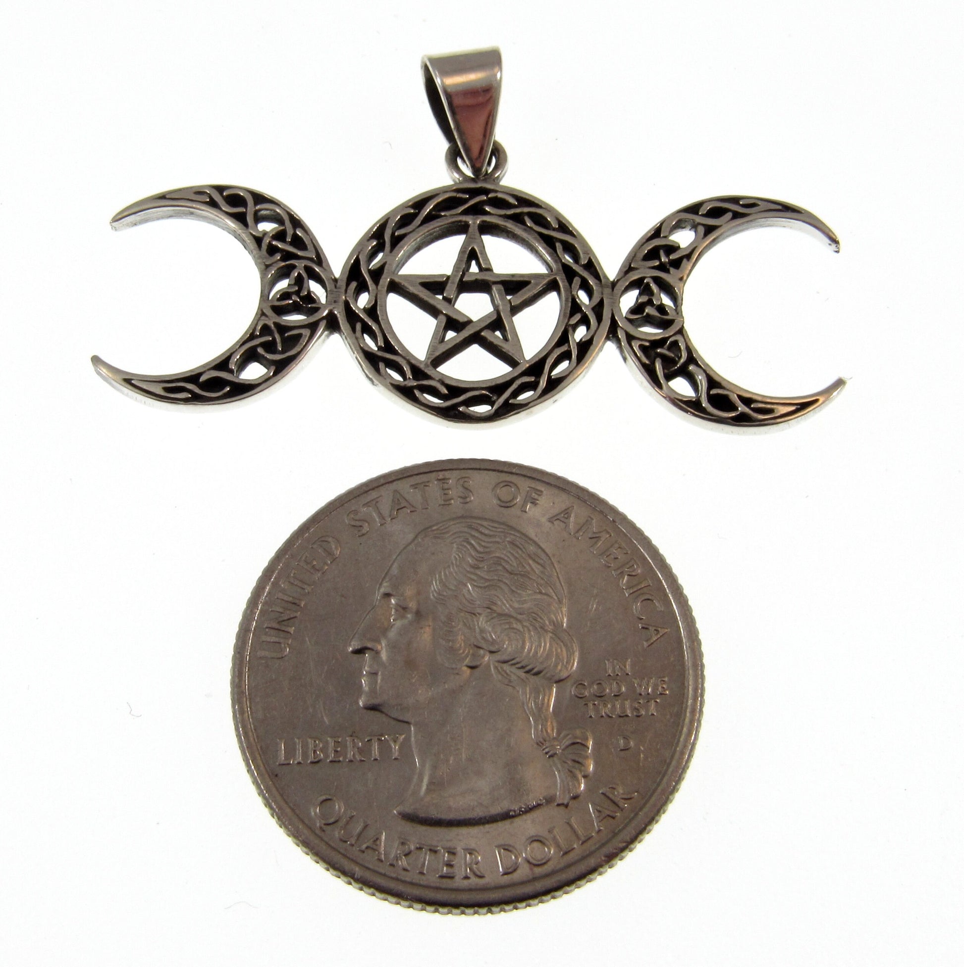 Solid 925 Sterling Silver Celtic Triple Moon Goddess Pentacle, Handcrafted Pentagram Pendant