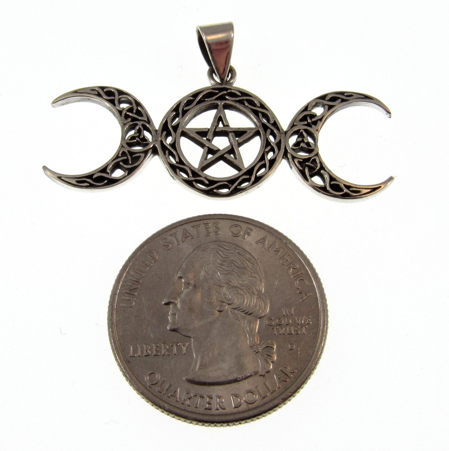 Solid 925 Sterling Silver Triple Moon Pentacle Pendant – Celtic Knot Goddess Moon Necklace Amulet