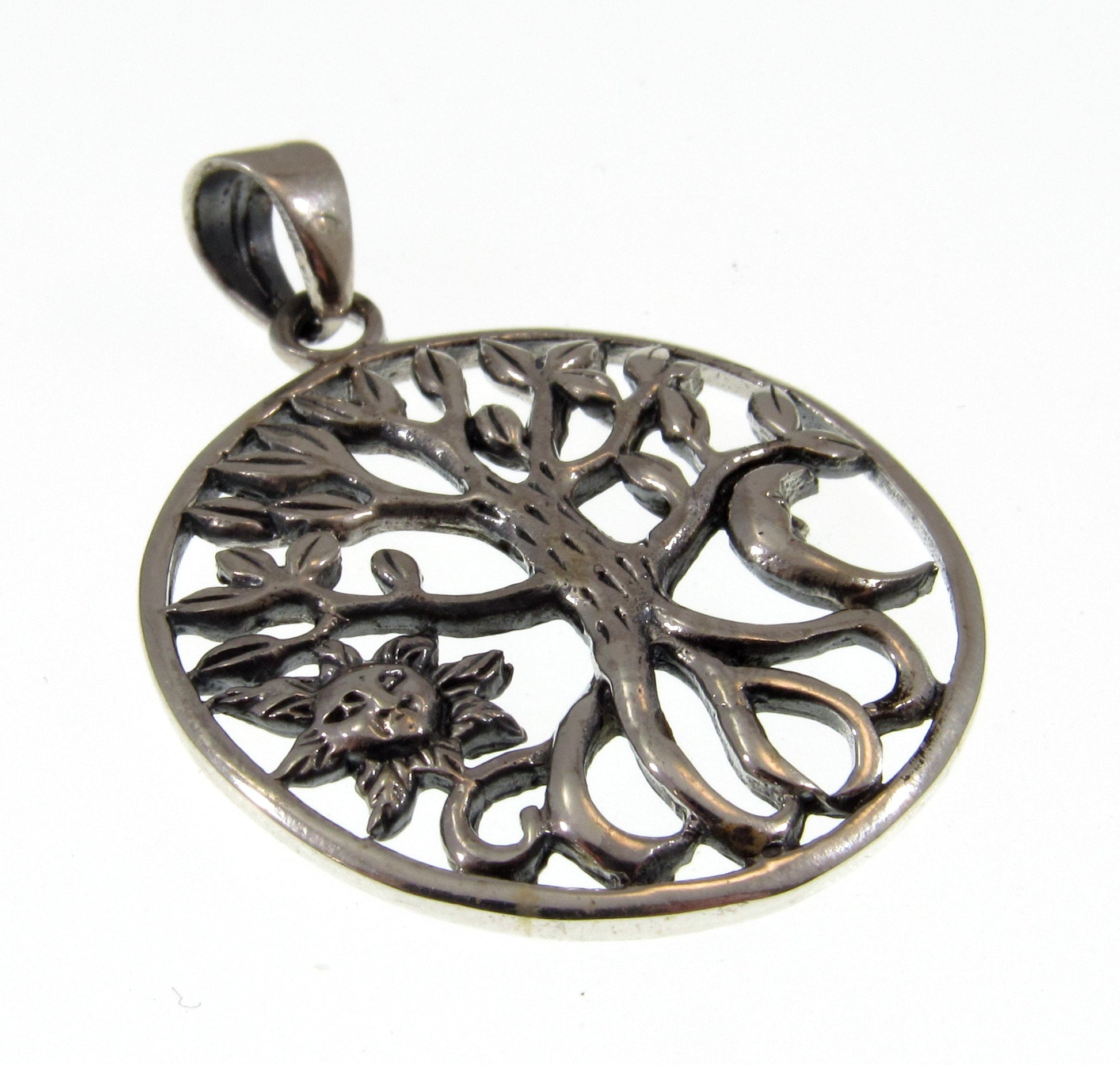 Solid 925 Sterling Silver Sun and Crescent Moon Tree of Life Pendant Handcrafted Yggdrasil Talisman