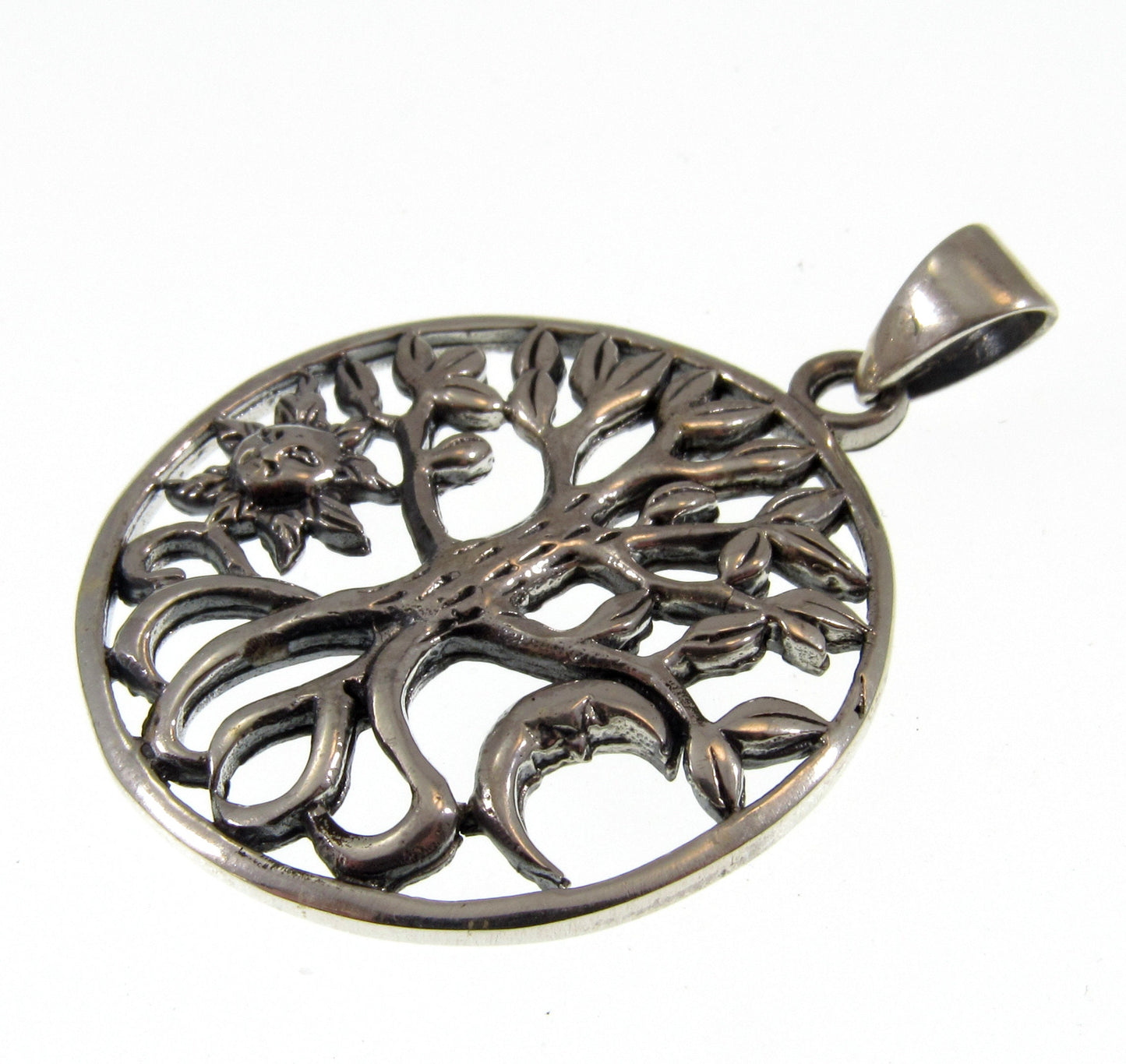 Solid 925 Sterling Silver Sun and Crescent Moon Tree of Life Pendant Handcrafted Yggdrasil Talisman