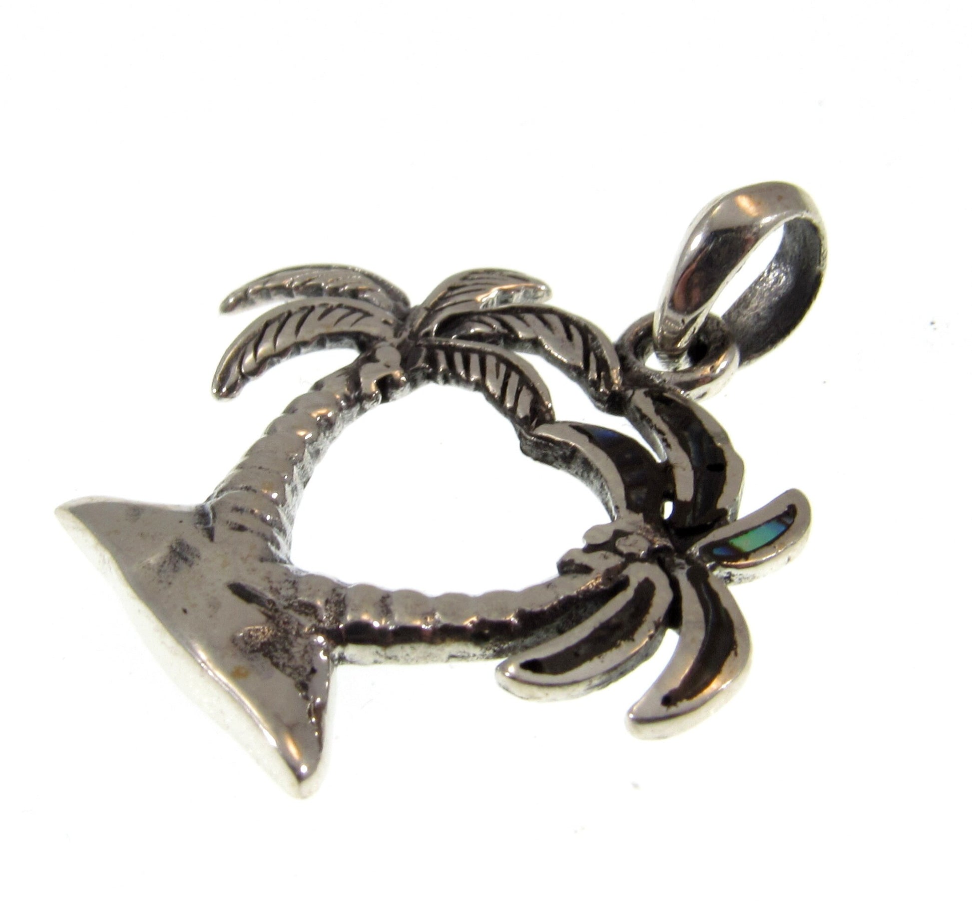 Solid 925 Sterling Silver Pair of Palm Trees Pendant With Paua / Abalone Shell Charm