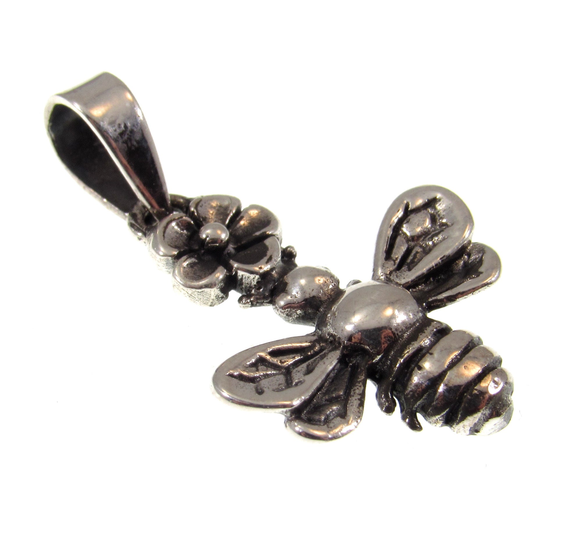 Solid 925 Sterling Silver Bee Pendant with Flower – Nature-Inspired Honeybee Charm, Botanical Jewelry for Garden Lovers