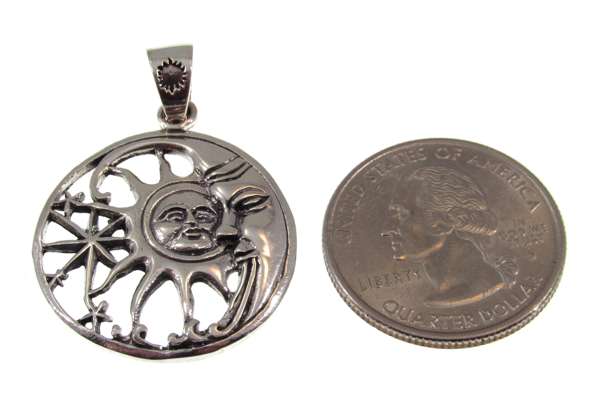 Solid 925 Sterling Silver Waxing Crescent Moon, Sun, and Stars Cosmic Celestial Pendant