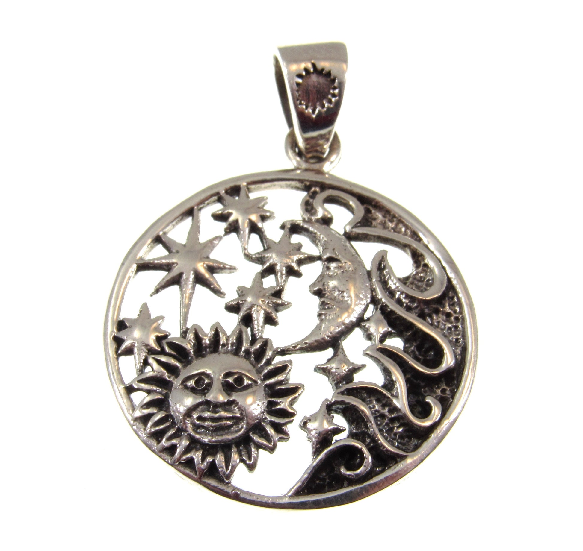 Solid 925 Sterling Silver Cosmic Waves Pendant, Waxing Crescent Moon, Sun, and 5 Stars Celestial Starry Night Amulet