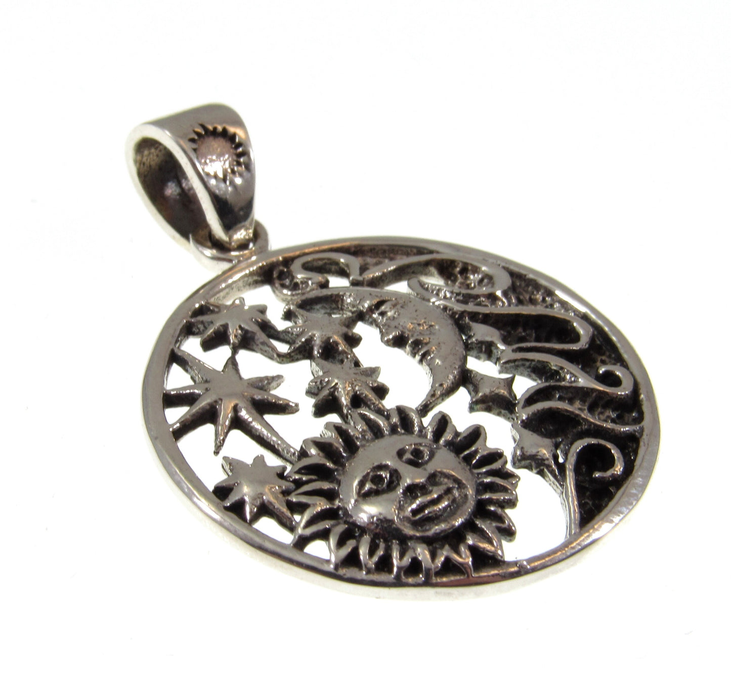 Solid 925 Sterling Silver Cosmic Waves Pendant, Waxing Crescent Moon, Sun, and 5 Stars Celestial Starry Night Amulet