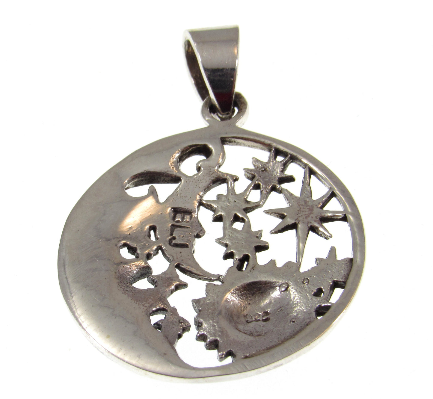 Solid 925 Sterling Silver Cosmic Waves Pendant, Waxing Crescent Moon, Sun, and 5 Stars Celestial Starry Night Amulet