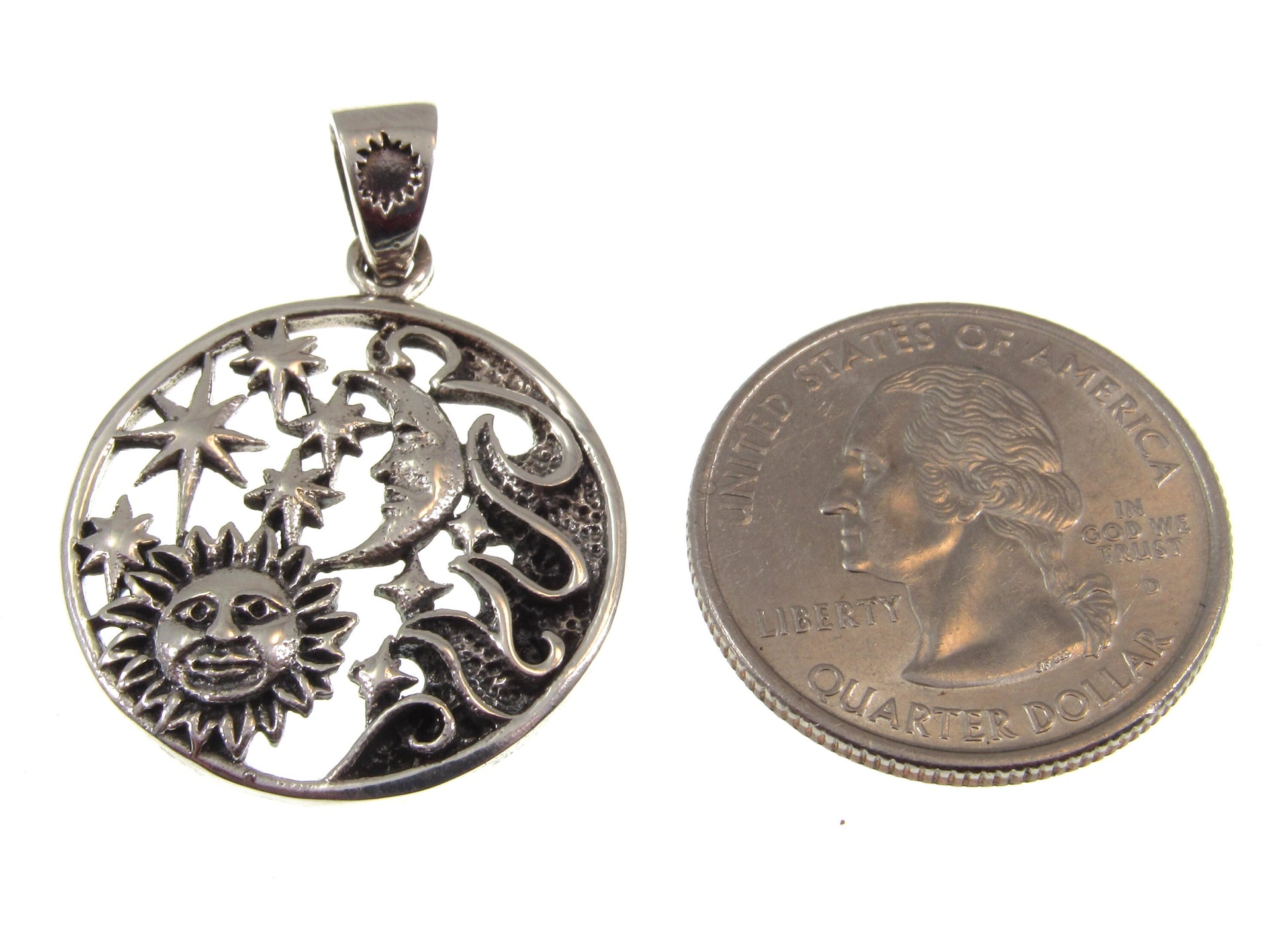 Solid 925 Sterling Silver Cosmic Waves Pendant, Waxing Crescent Moon, Sun, and 5 Stars Celestial Starry Night Amulet