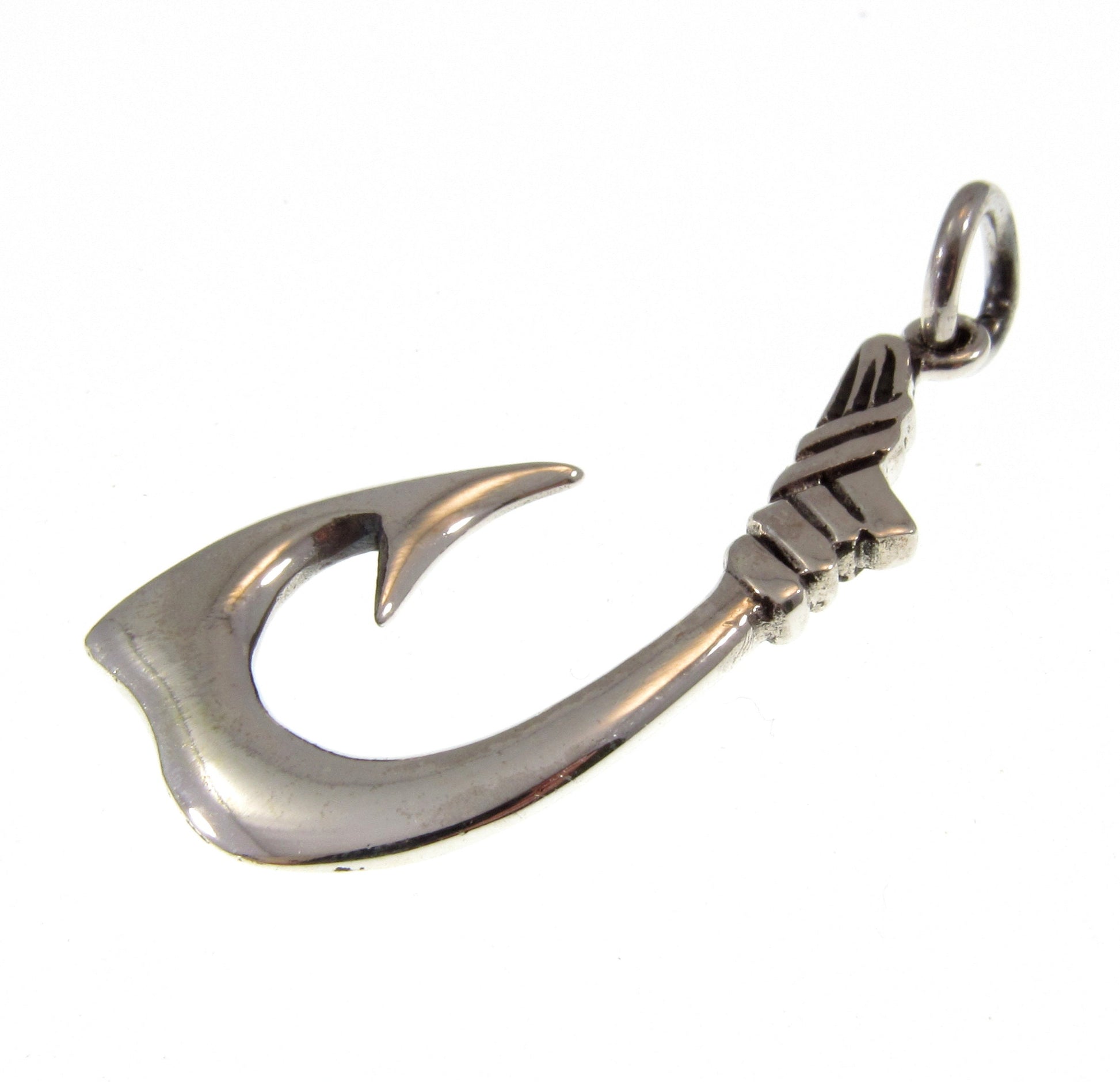 Solid 925 Sterling Silver Fish Hook Pendant – Hawaiian Makau Necklace Charm, Fisherman Jewelry, Polynesian Symbol of Strength & Good Luck