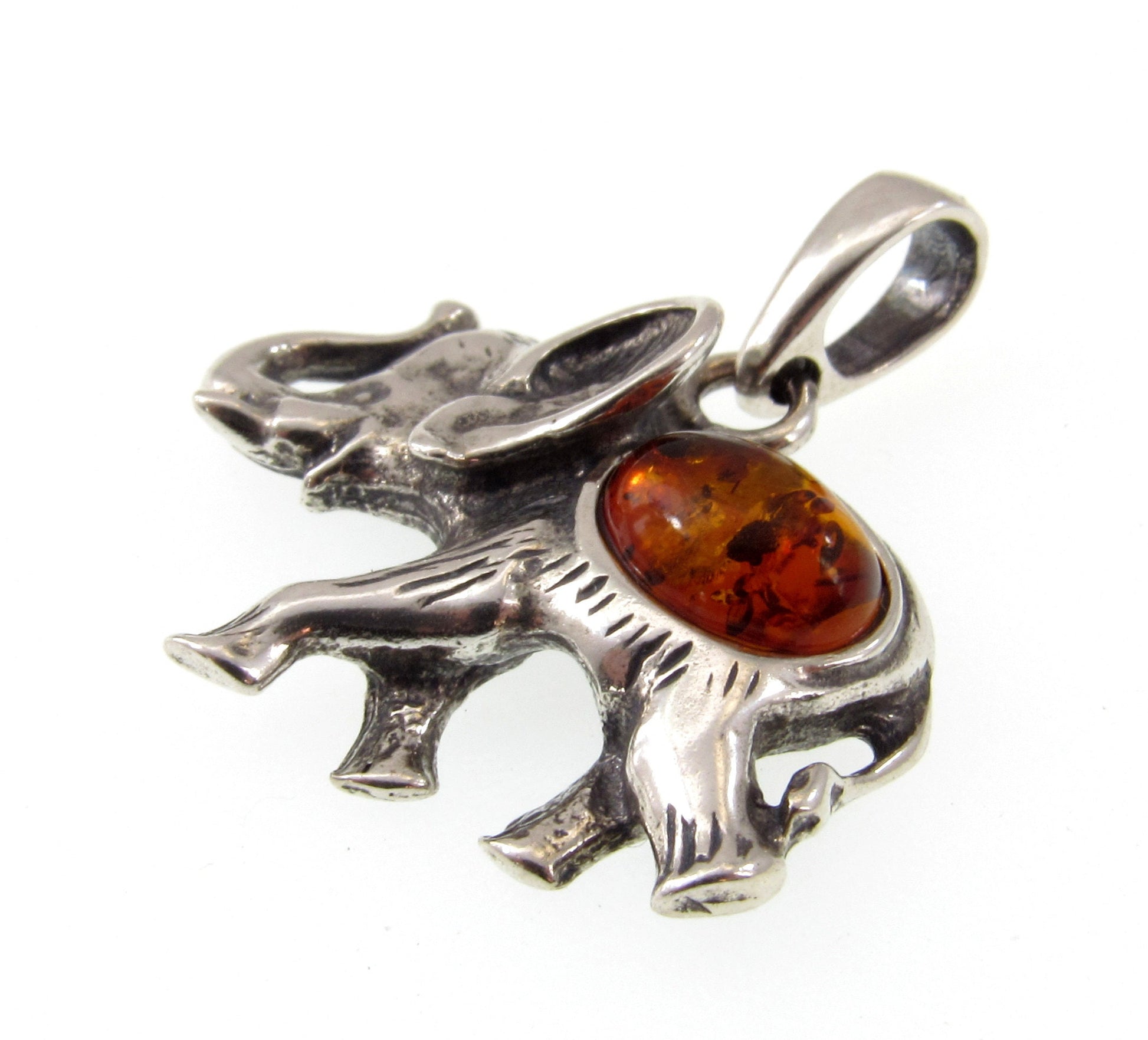 Solid 925 Sterling Silver Baltic Amber Elephant Pendant