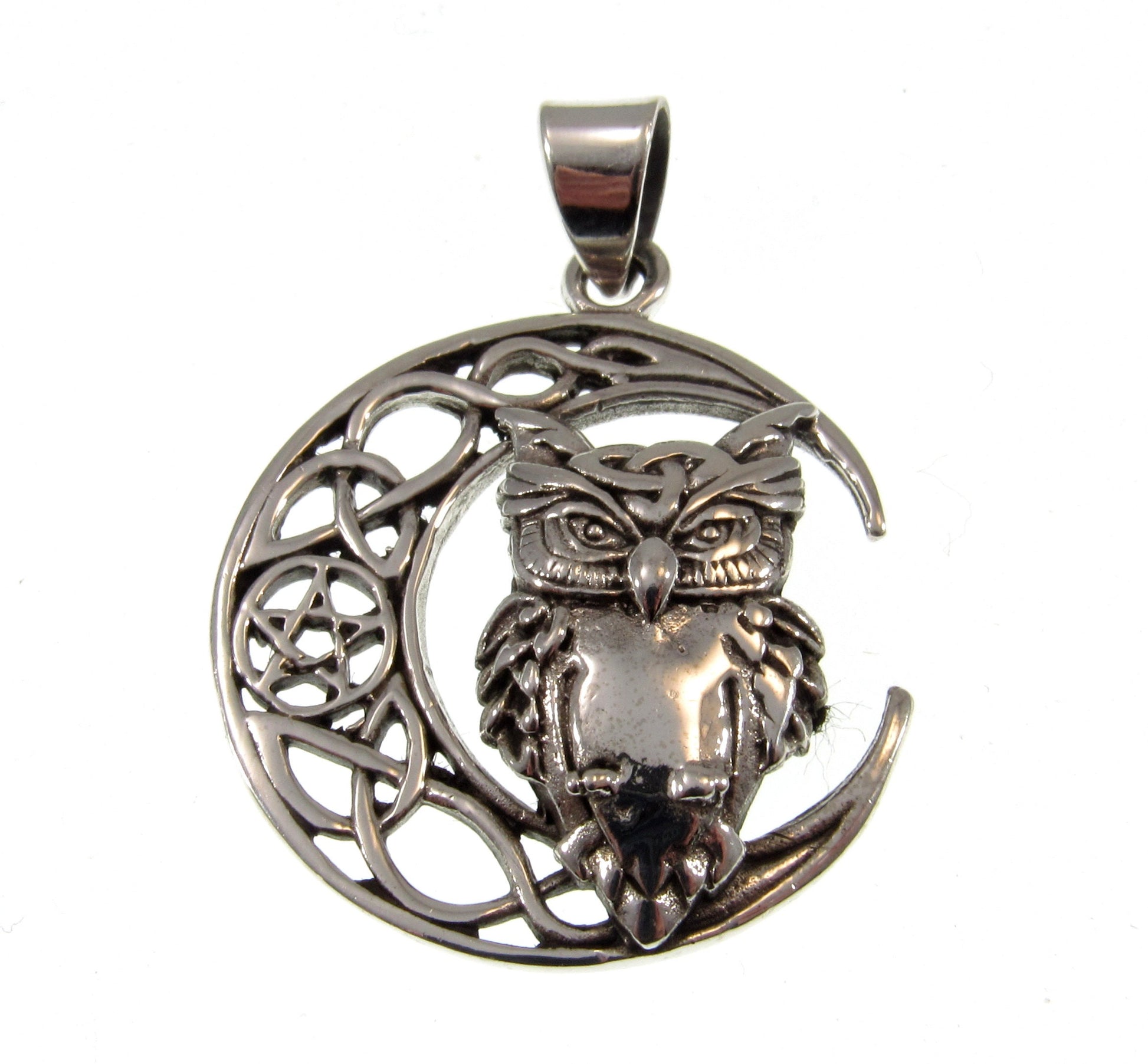 Solid 925 Sterling Silver Crescent Moon And Owl Pendant, Wiccan / Pagan Amulet With Celtic Knots & Pentagram