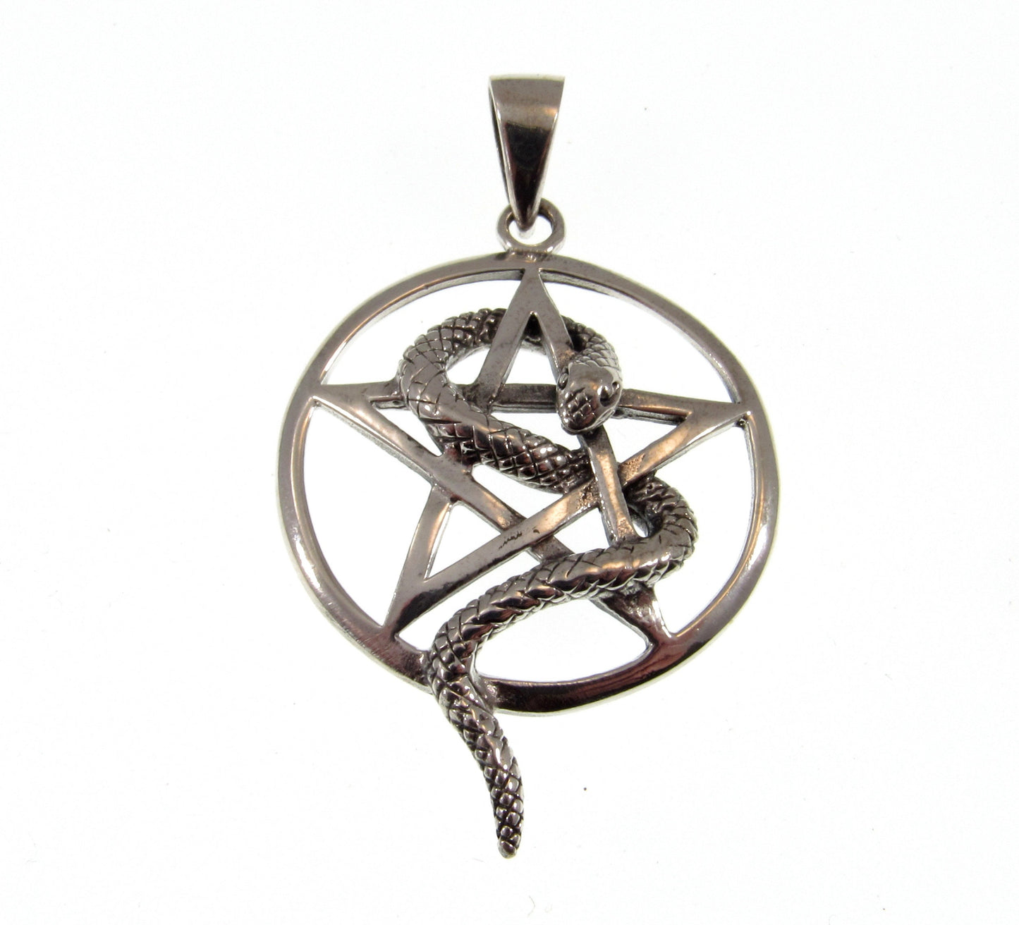 Solid 925 Sterling Silver Snake Pentagram Pendant, Serpent Wrapped Pentacle Pagan Amulet