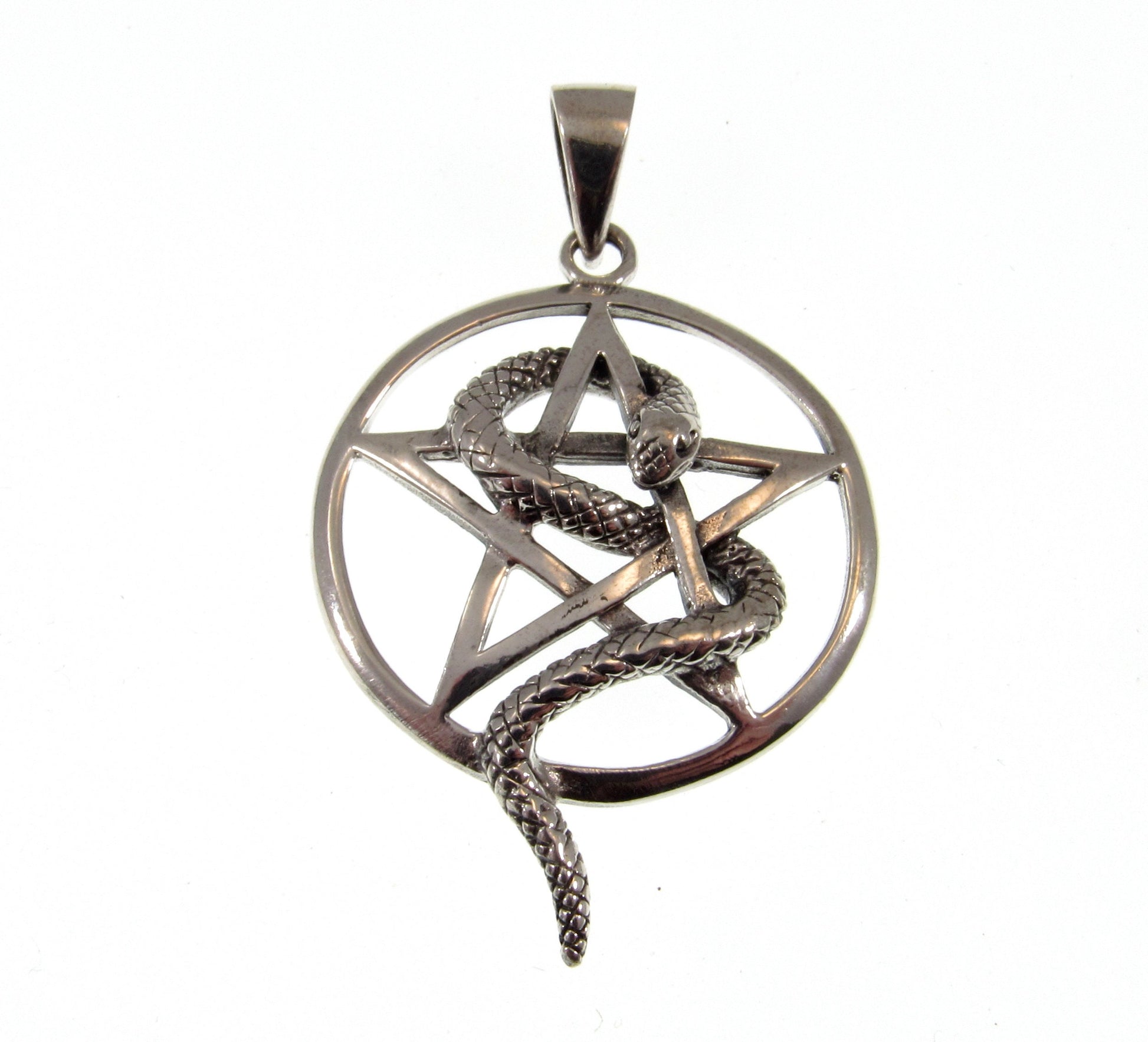 Solid 925 Sterling Silver Snake Pentagram Pendant, Serpent Wrapped Pentacle Pagan Amulet