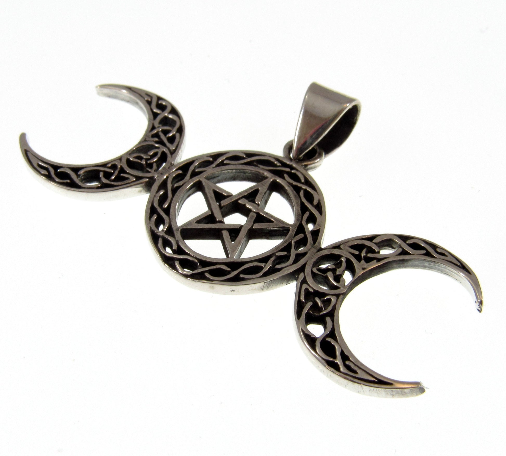 Solid 925 Sterling Silver Celtic Triple Moon Goddess Pentacle, Handcrafted Pentagram Pendant