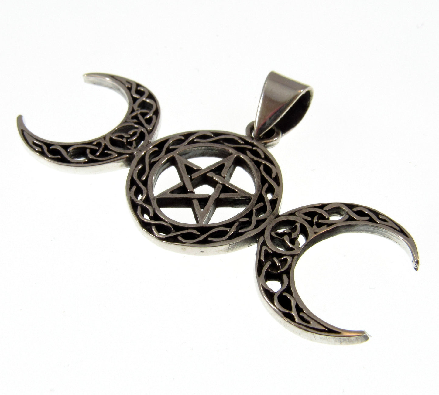 Solid 925 Sterling Silver Triple Moon Pentacle Pendant – Celtic Knot Goddess Moon Necklace Amulet