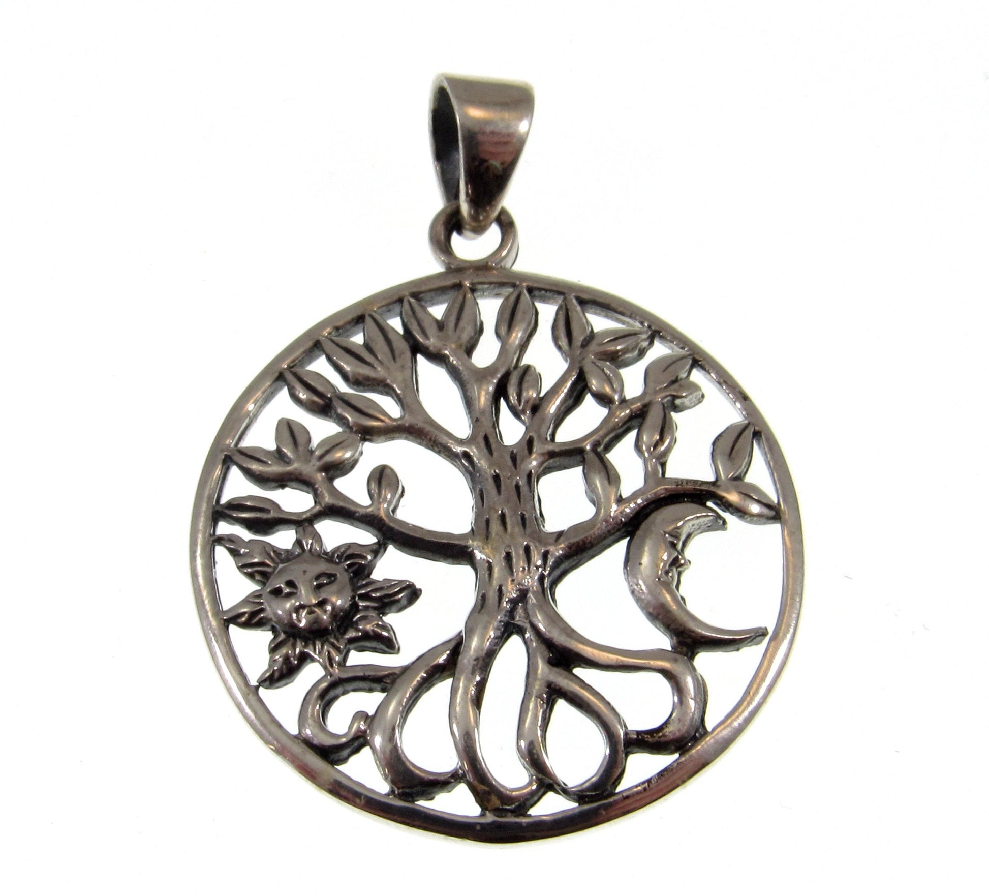 Solid 925 Sterling Silver Sun and Crescent Moon Tree of Life Pendant Handcrafted Yggdrasil Talisman
