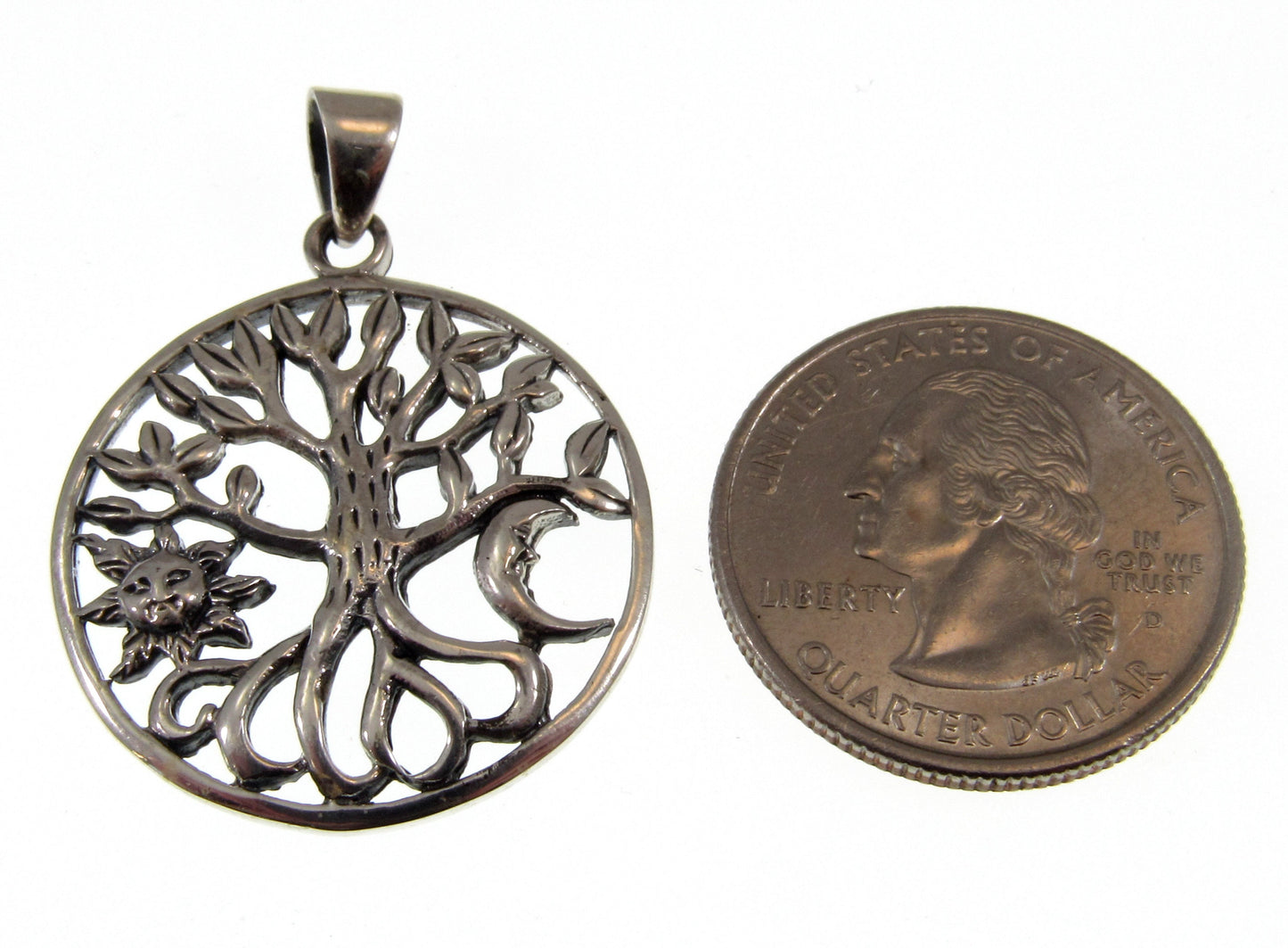 Solid 925 Sterling Silver Sun and Crescent Moon Tree of Life Pendant Handcrafted Yggdrasil Talisman
