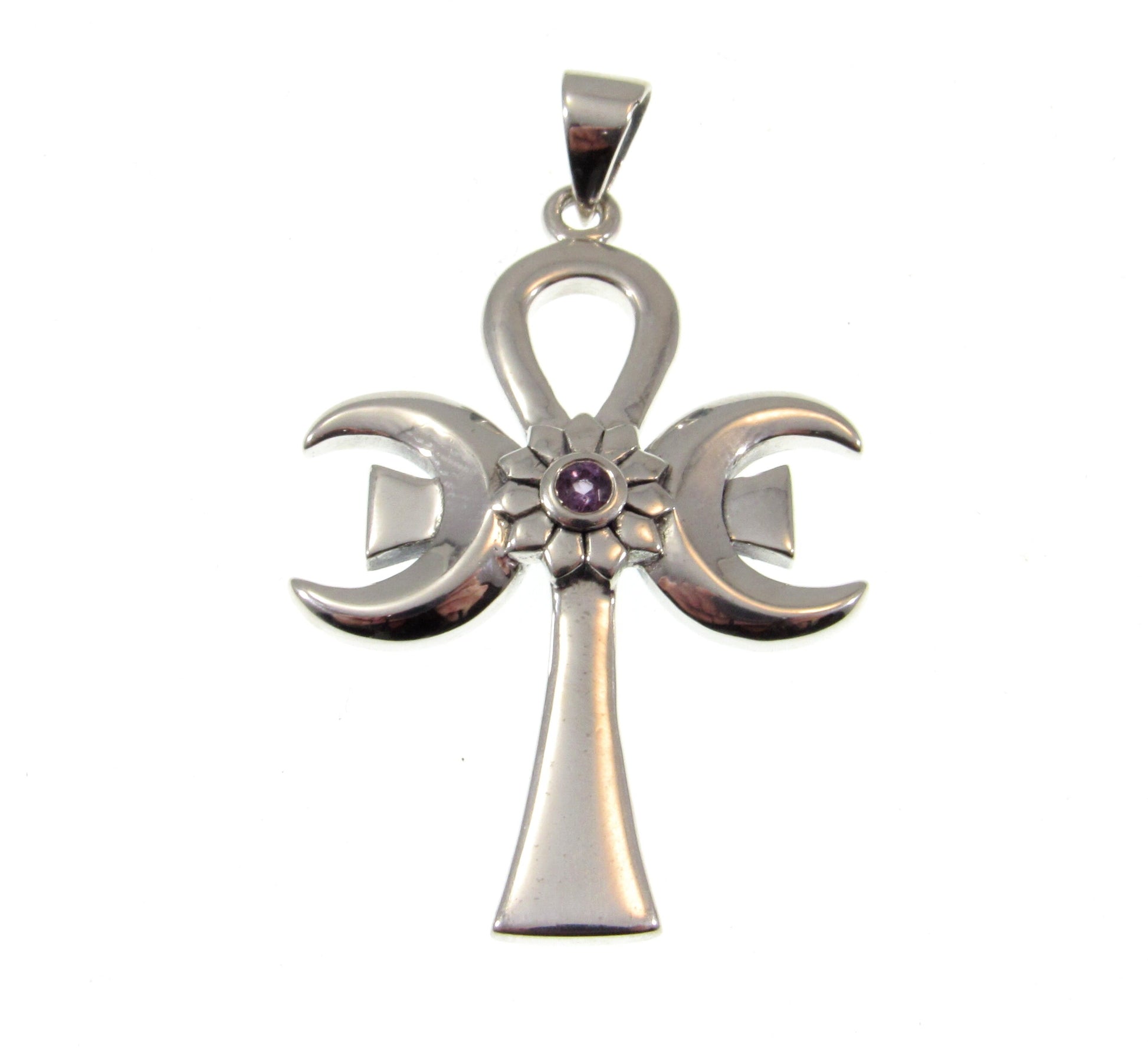 Solid 925 Sterling Silver Triple Moon Goddess Ankh With Amethyst, Ancient Egyptian Cross of Eternal Life