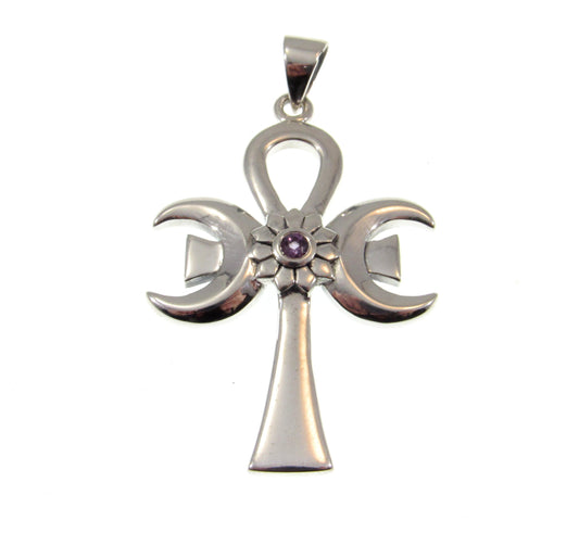 Solid 925 Sterling Silver Triple Moon Goddess Ankh With Amethyst, Ancient Egyptian Cross of Eternal Life
