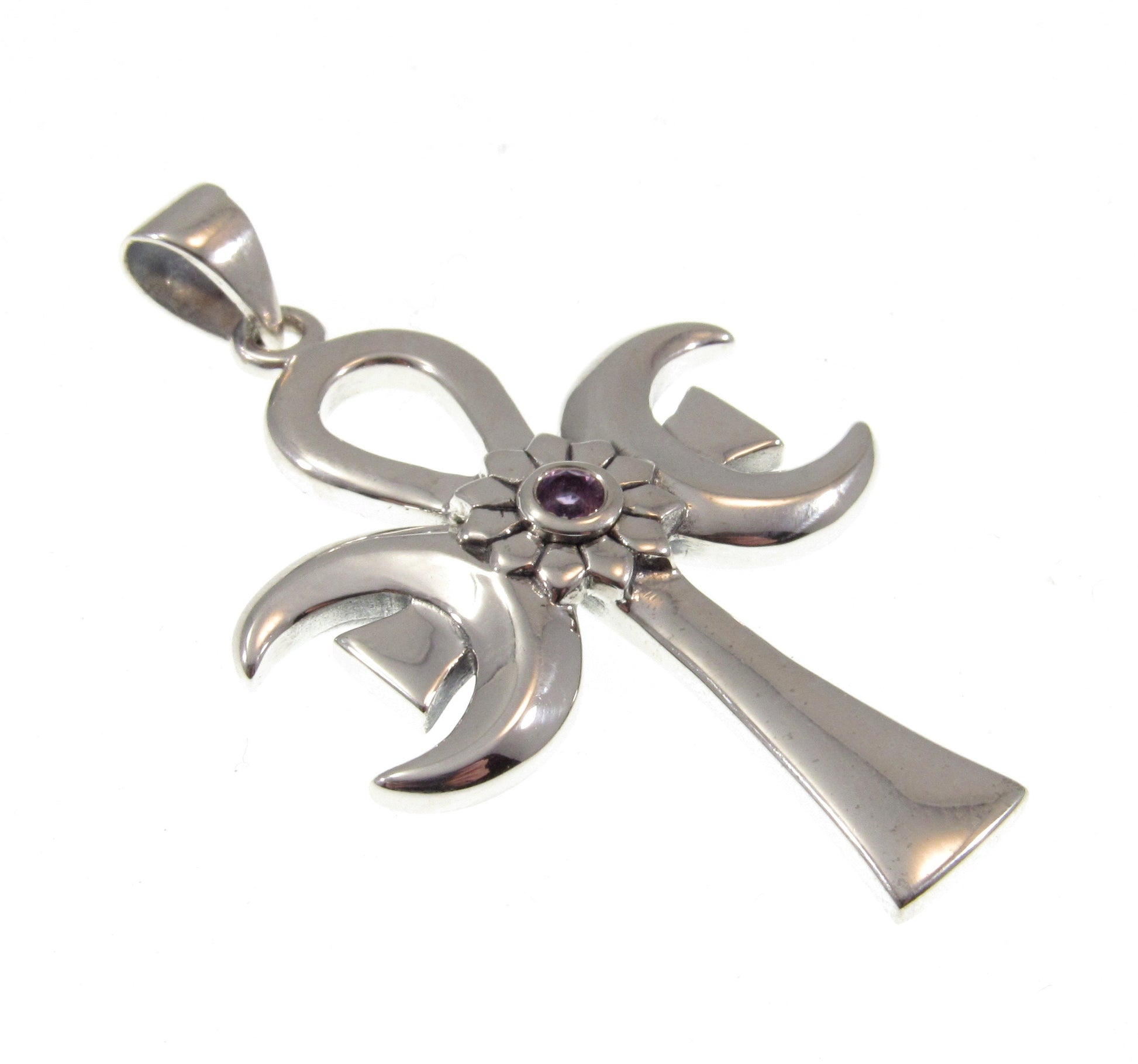 Solid 925 Sterling Silver Triple Moon Goddess Ankh With Amethyst, Ancient Egyptian Cross of Eternal Life