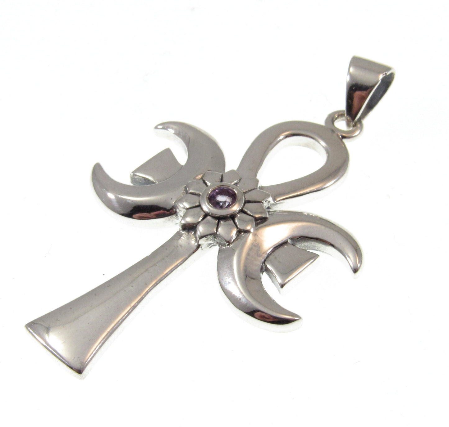 Solid 925 Sterling Silver Triple Moon Goddess Ankh With Amethyst, Ancient Egyptian Cross of Eternal Life