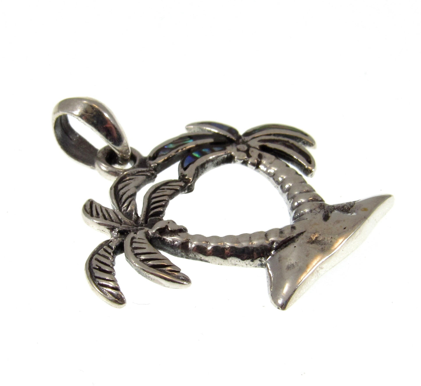 Solid 925 Sterling Silver Pair of Palm Trees Pendant With Paua / Abalone Shell Charm